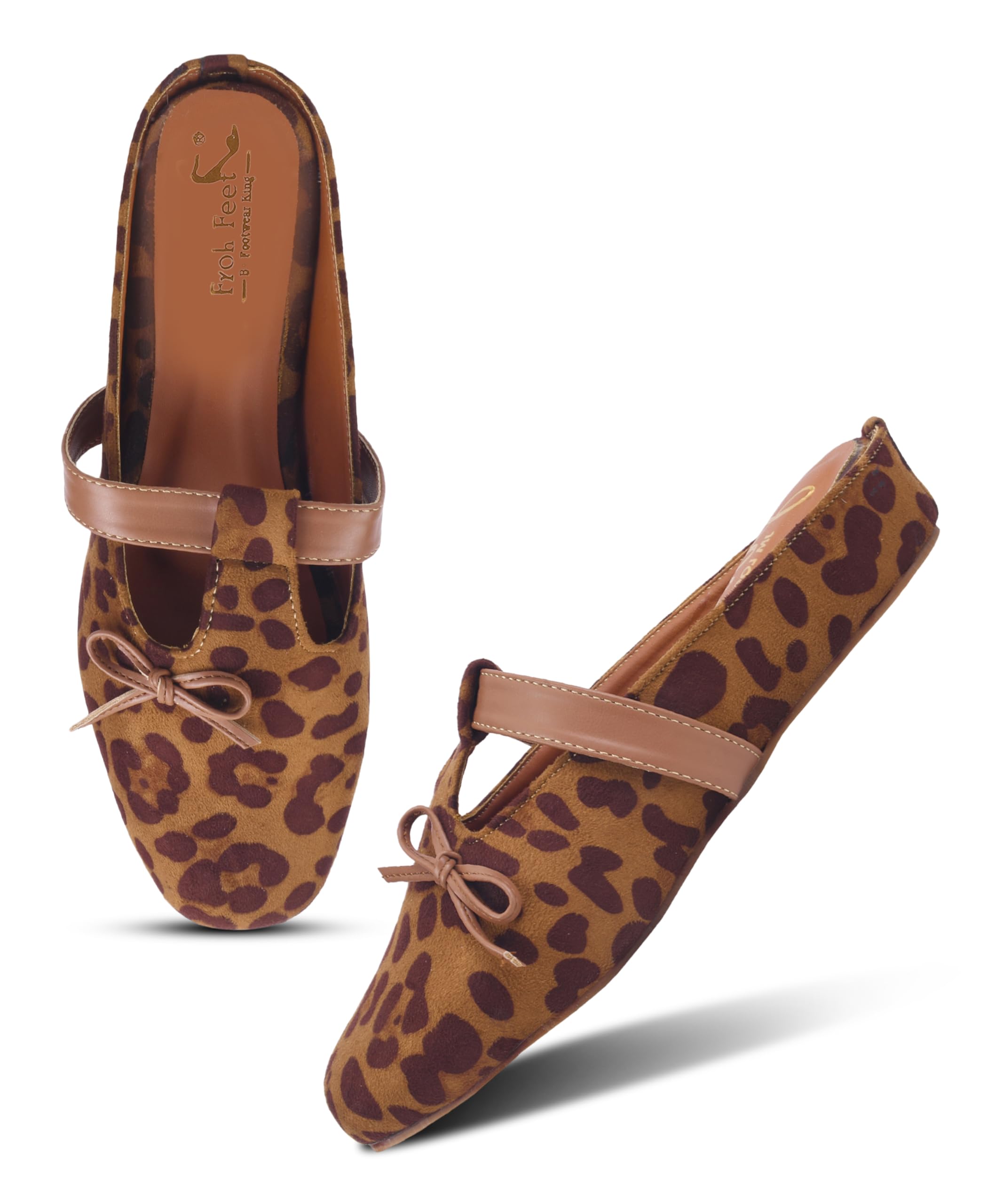 FROH FEET Women’s Leopard Print Mules | Comfortable Slip-On Wedges Shoes with Bow & Strap-picture-44