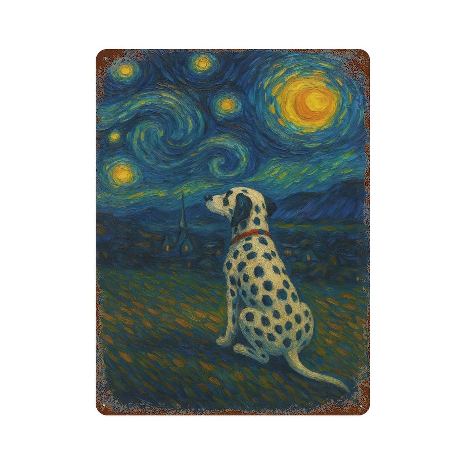 Dalmatian Dog Starry Night Painting 15.7"x11.8" Rusty Metal Tin Sign, Novelty Wall Decor for Cafe, Home Bar And Lounge Decor