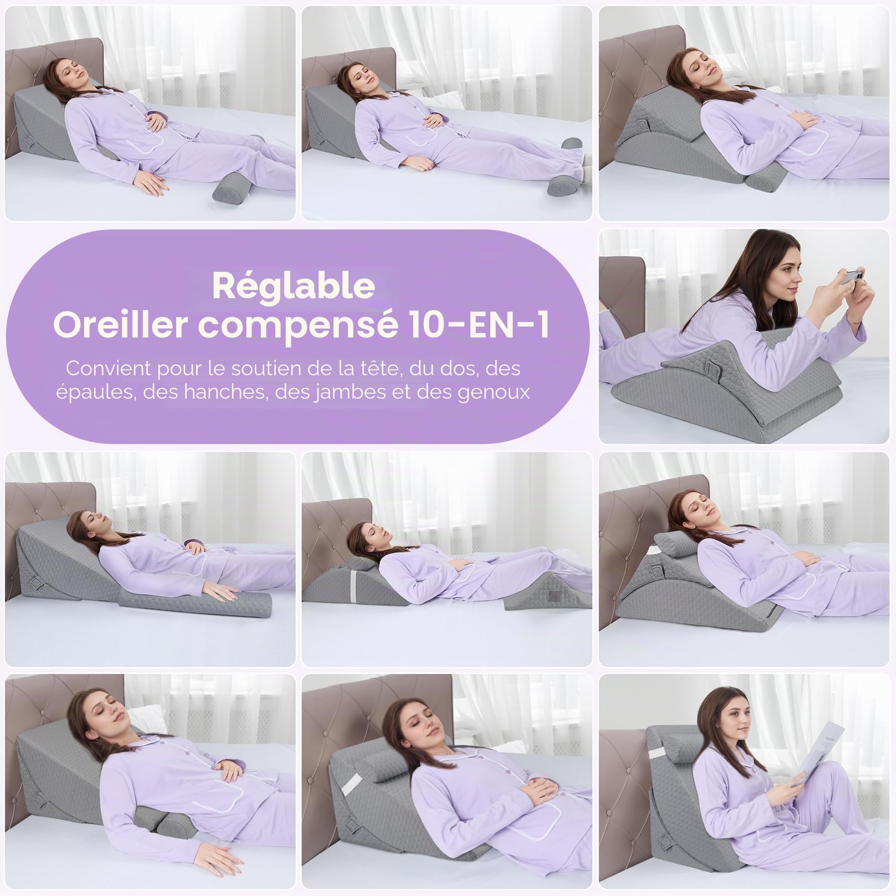 Babenest Oreiller de lit orthopédique en forme de coin, ensemble de 3 oreillers triangulaires avec appui-tête pour l'élévation des jambes, après chirurgie, reflux acide, soutien du dos, coussin
