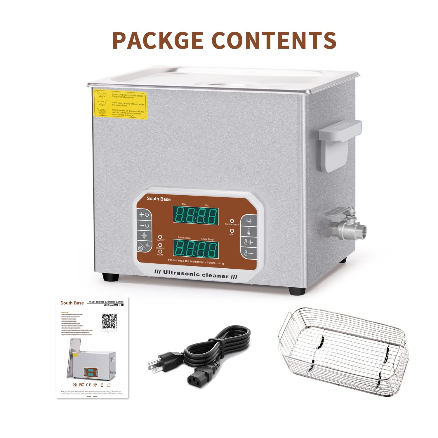 SOUTH BASE Pulitore a Ultrasuoni, 10L con Cestello, Timer e Riscaldatore, Macchina per Pulizia a Ultrasuoni a Controllo Touch 240W per Pulire Pistole, Motori, Parti del Carburatore, Catene.