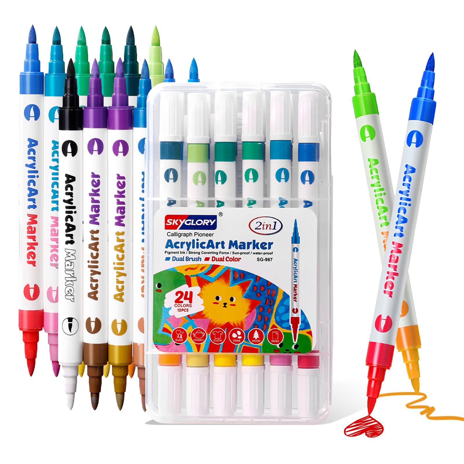 SKYGLORY 24 Colours Dual Colour Brush Tip Acrylic Marker Set