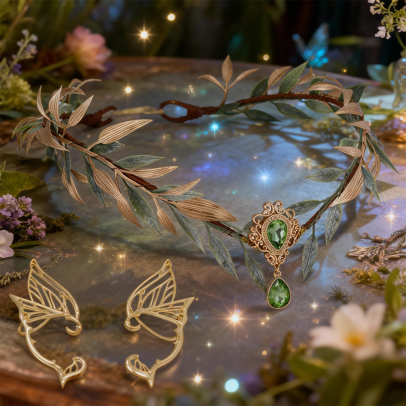 Costume da donna, costume da elfo regolabile, da donna, con corona di fiori, orecchini a farfalla, fata della foresta, per carnevale, Halloween, carnevale, cosplay ed eventi fantasy