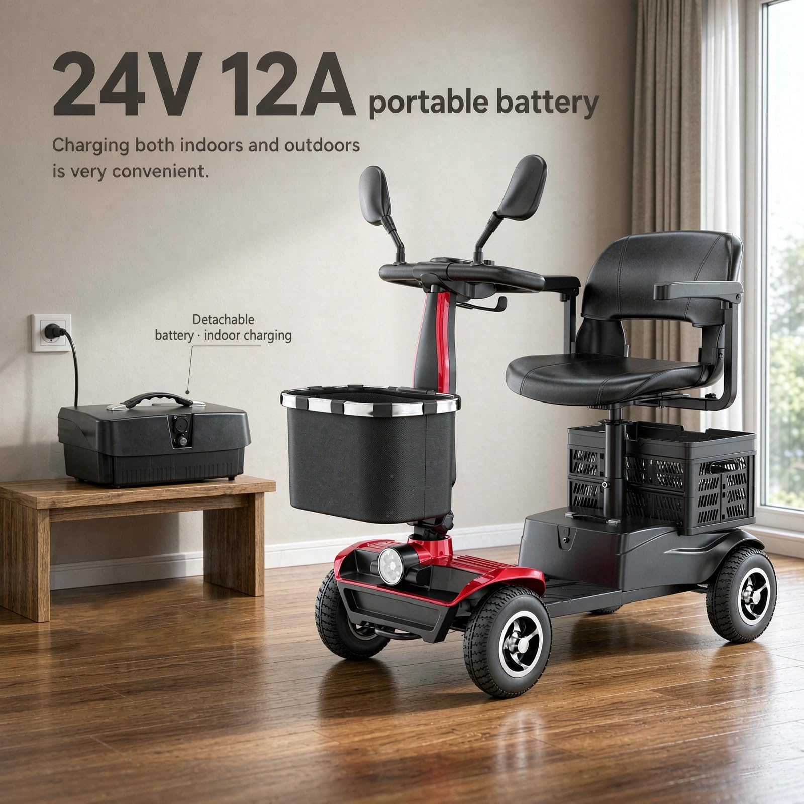 Scooter de movilidad eléctrico plegable de 4 ruedas para personas mayores | Batería extraíble, asiento giratorio, luz LED, cestas de la compra, 6 km/h, autonomía 20 km