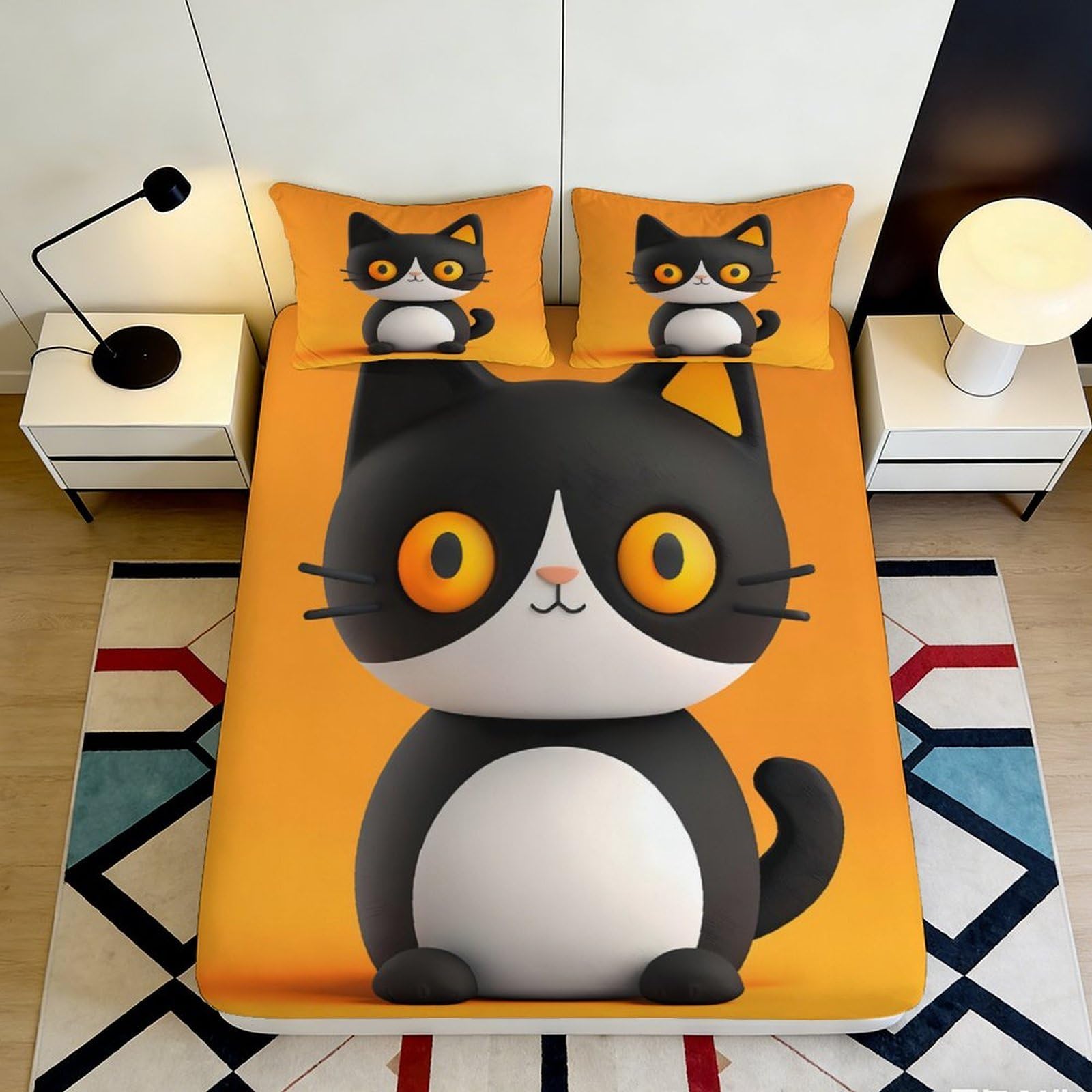 3D Printed Cartoon Cat Fitted Sheet Microfiber Deep Pocket Non-Slip Bedroom Bedding Cat Mattress Fitted Cover Elastic Hem 180x200x25cm