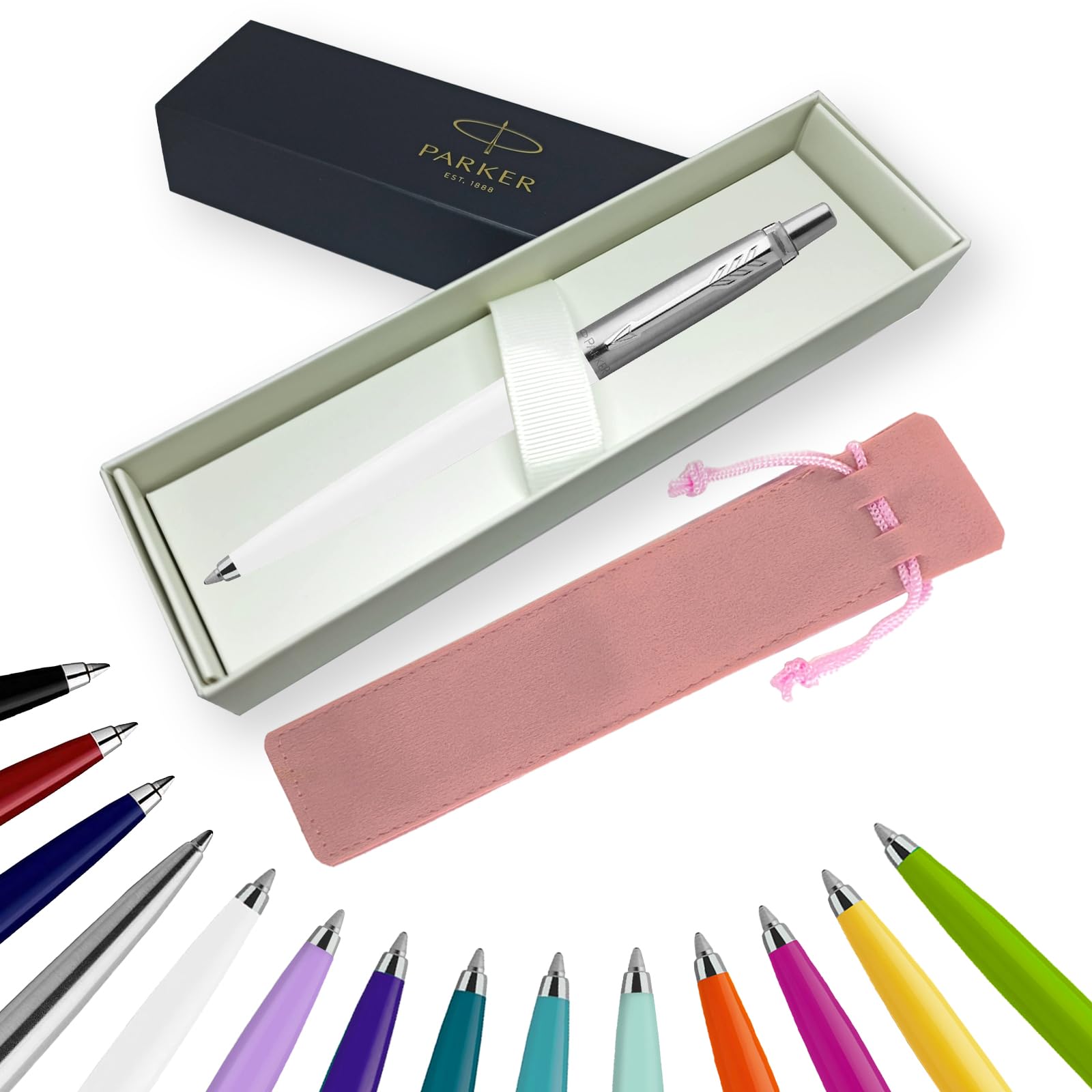 Parker Jotter Ballpoint Pen Handwriting Pens & Stationery Supplies - Ideal for Birthdays/Anniversaries Can be Engraved! (Without Engraving, White, Ribbon Gift Box)