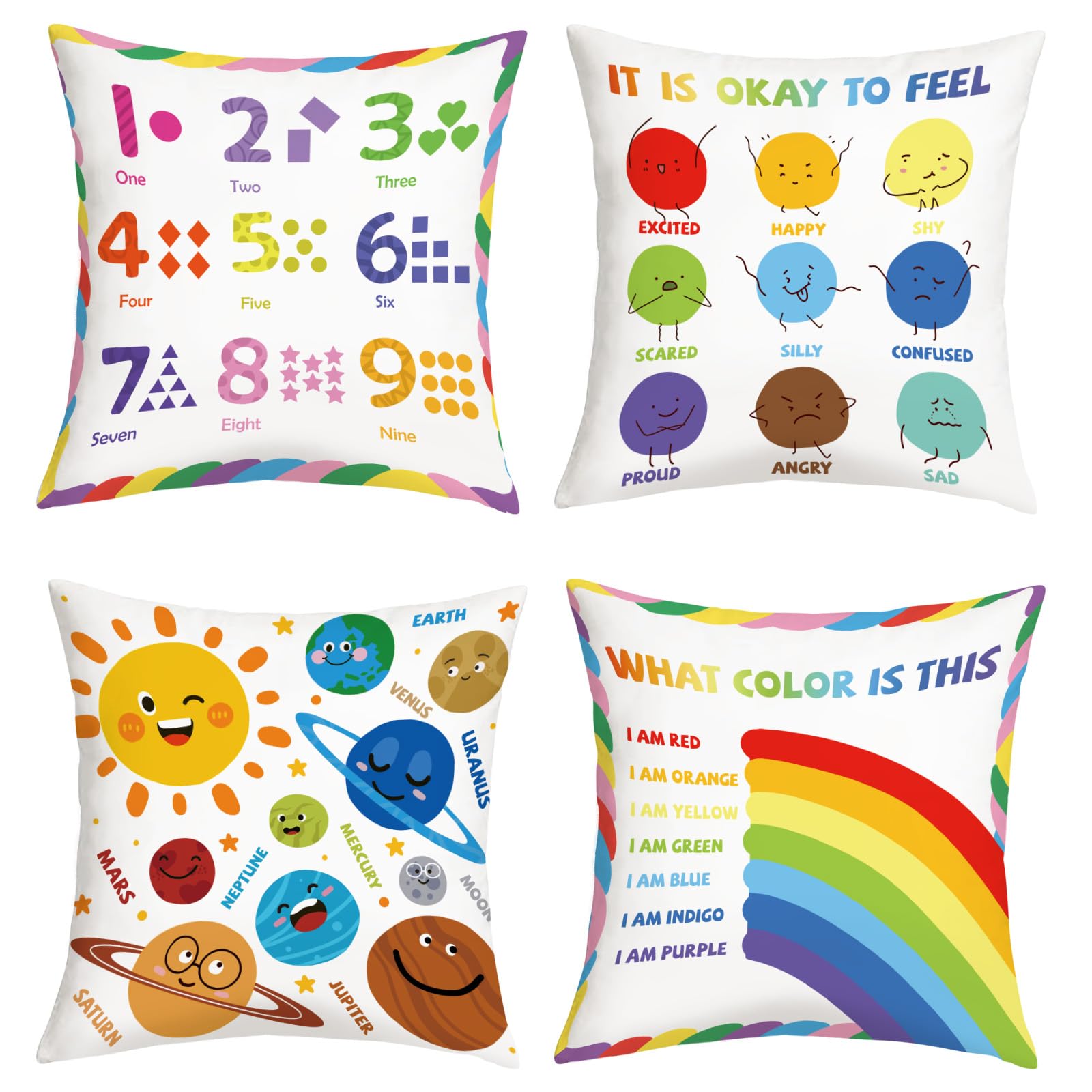 Joymaison Kids Reading Nook Educational Cushion Covers 45 x 45 Pack of 4 Calming Corner Positive Affirmations Rainbow Planet Square Throw Pillow Case Decorative Sofa Cushion with Invisible Zipper