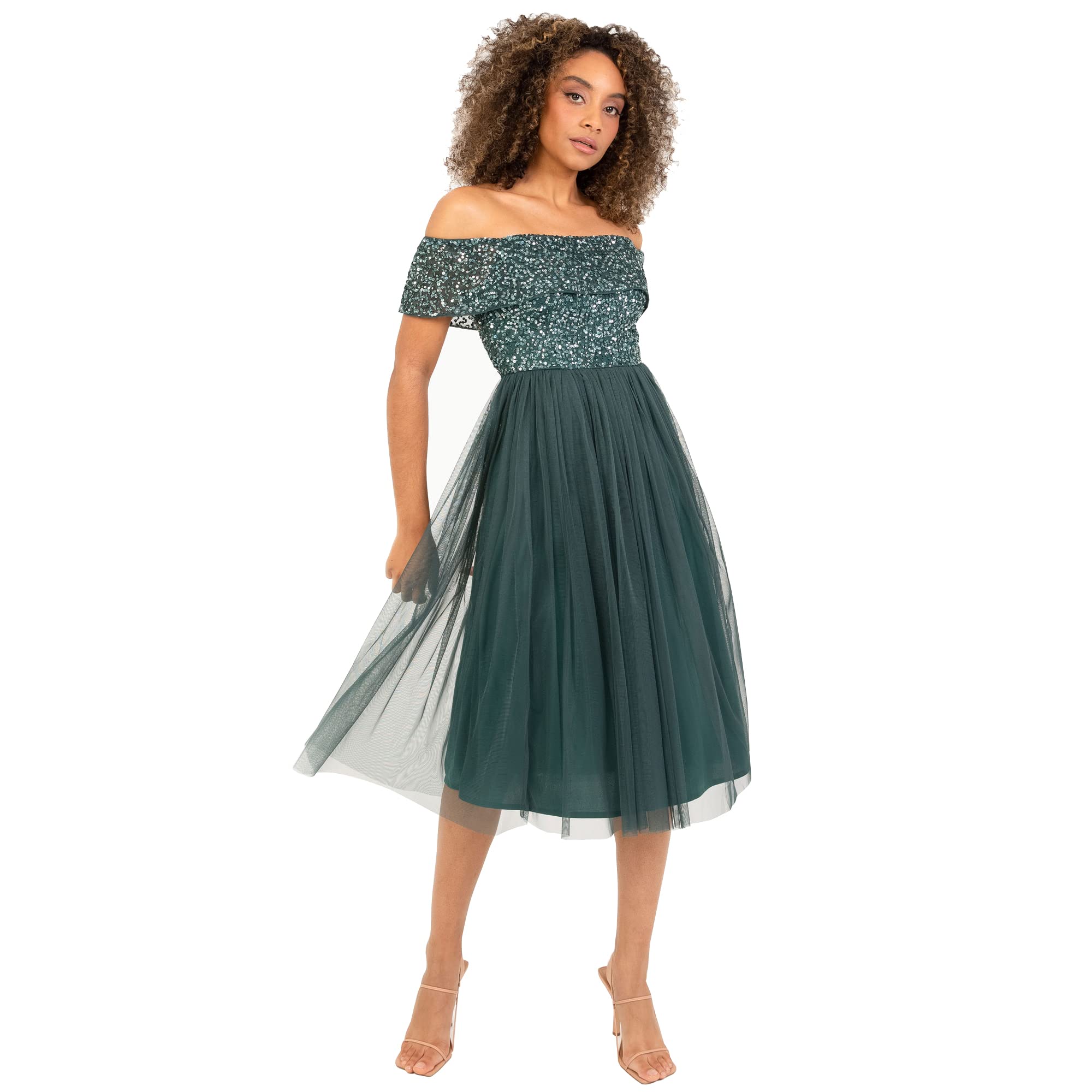 Maya Deluxe Women's Green Maya Bardot Embellished Midi Dress in Size 10, Sports Direct