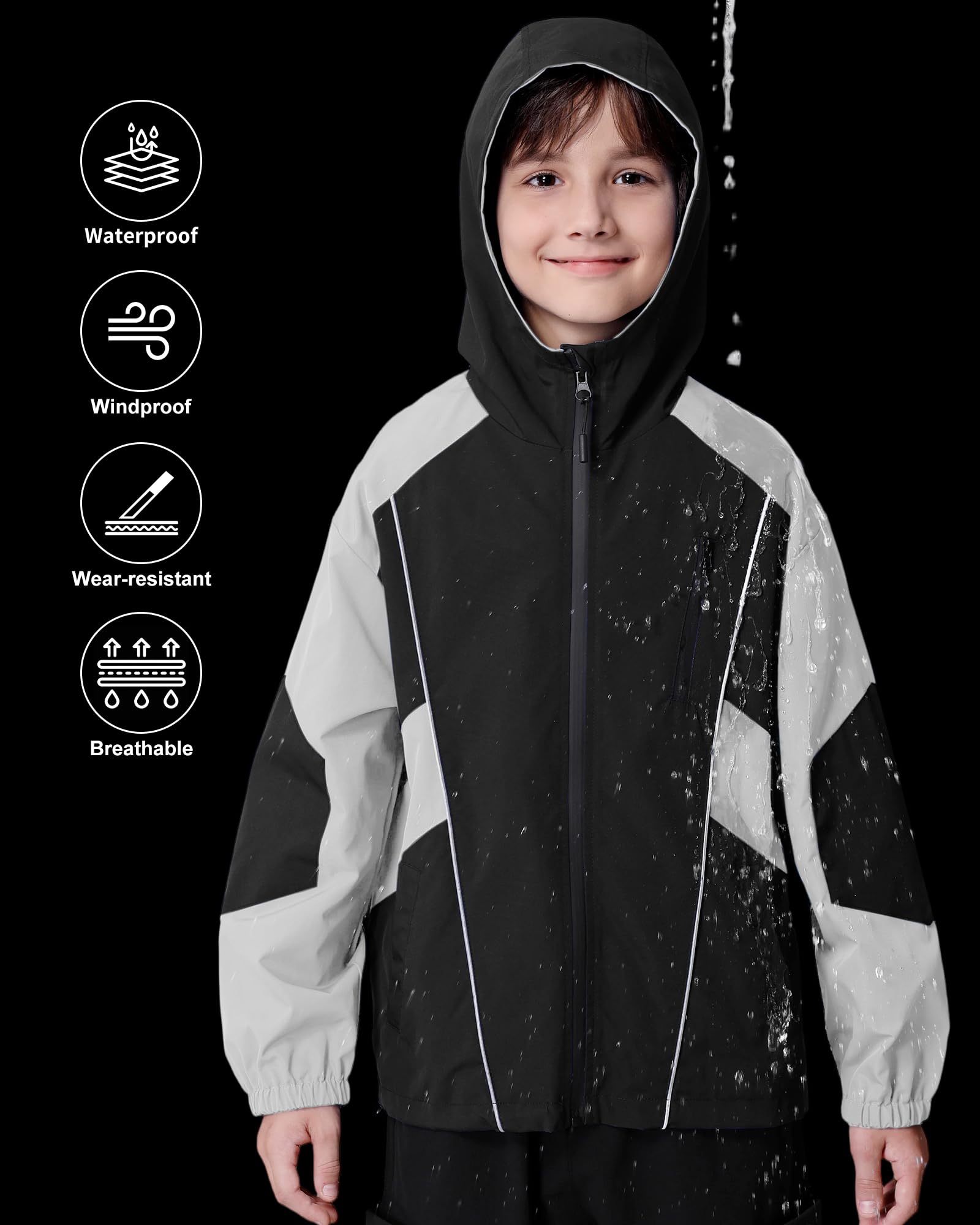 Rolanko Veste Imperméable pour Garçon, Coupe-Vent Léger à Capuche et Fermeture Éclair Résistant à L'eau Softshell