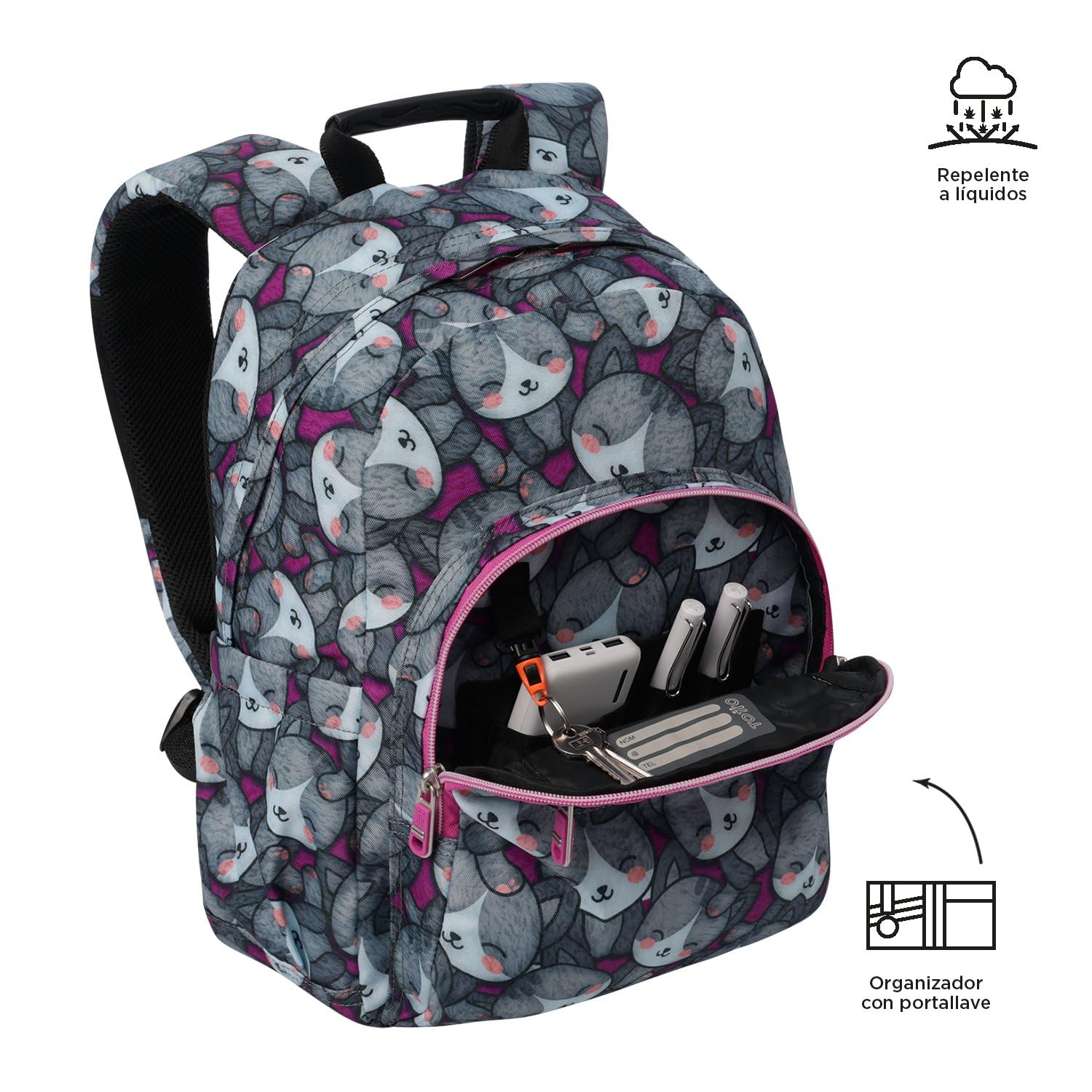 TOTTO - Mochila Escolar, Modelo Gommas, Mochila Mediana, Capacidad 15 L, Bolsillo para PC 14", Bolsillo Botella, Espaldar Ergonómico con Flujo de Aire, Cómodas Correas en S, Estampado Kitten Rose