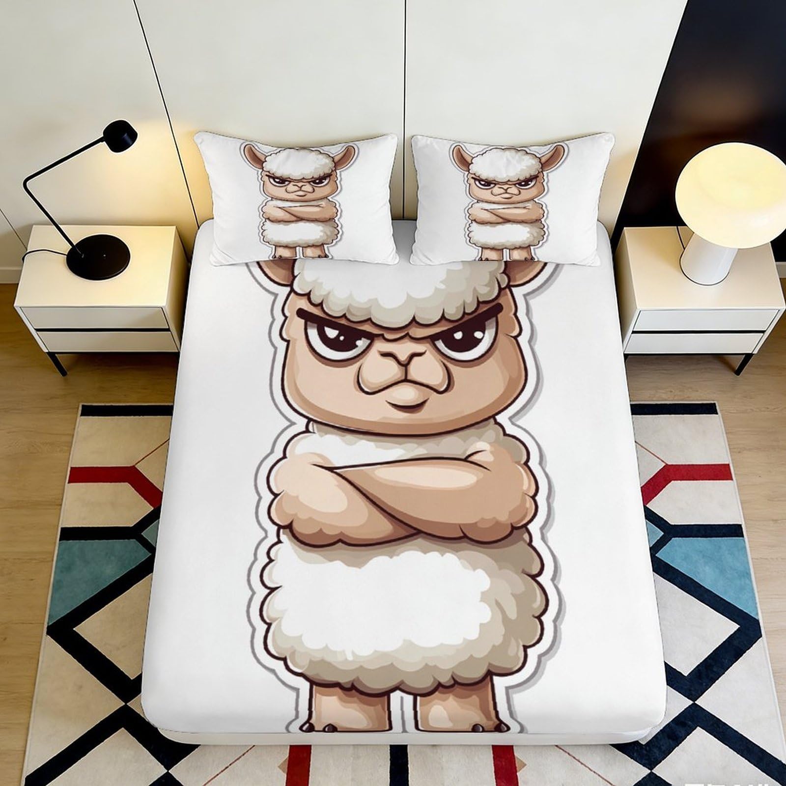 3D Printed Cartoon Angry Alpaca Fitted Sheet Microfiber Soft Mattress Cover for Bedroom Guest Room Dorm Decor 90x200x25cm