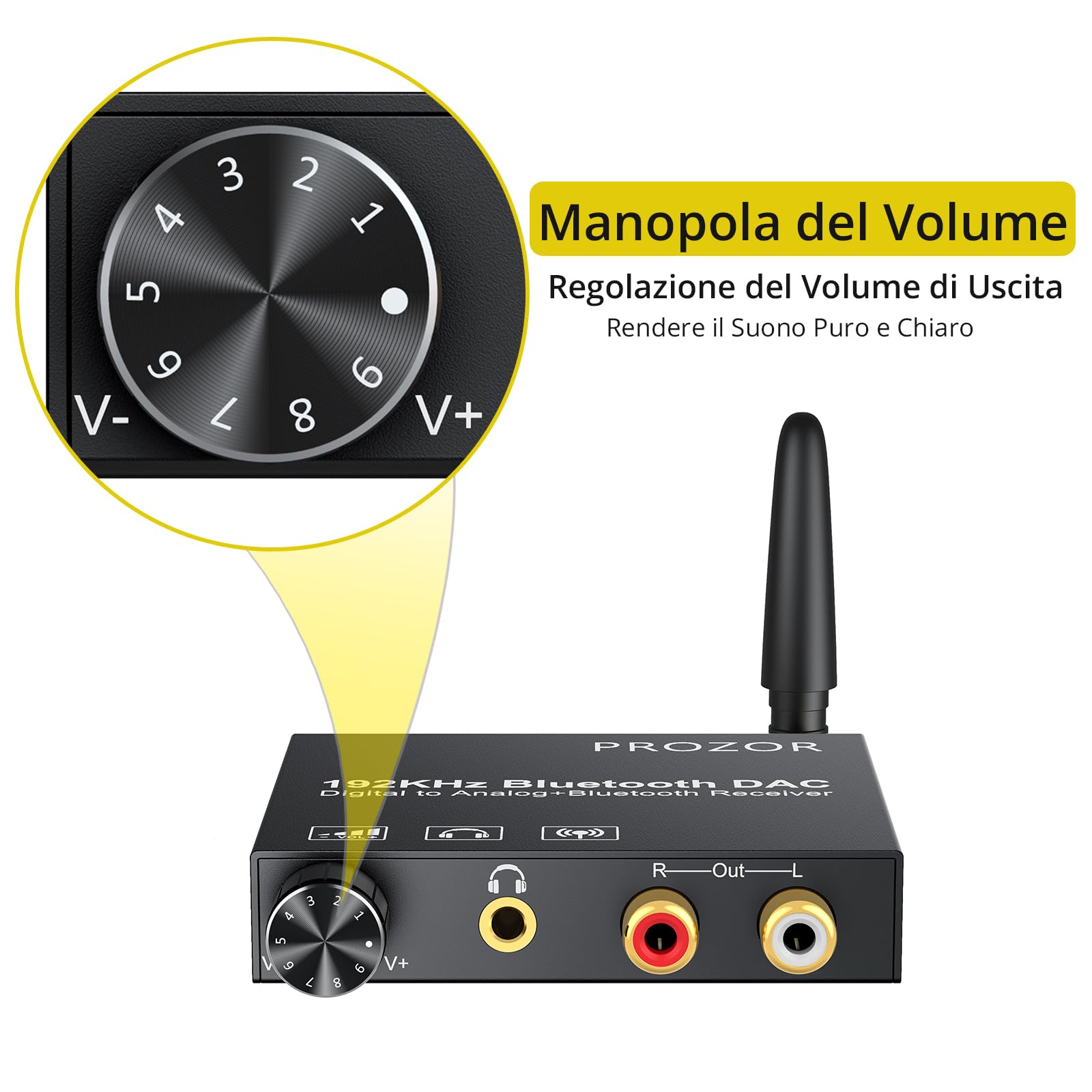 PROZOR Convertitore DAC 192kHz Bluetooth 5.0 Volume Regolabile Adattatore Audio Digitale Coaxial Toslink Analogico Stereo L/R RCA 3.5mm