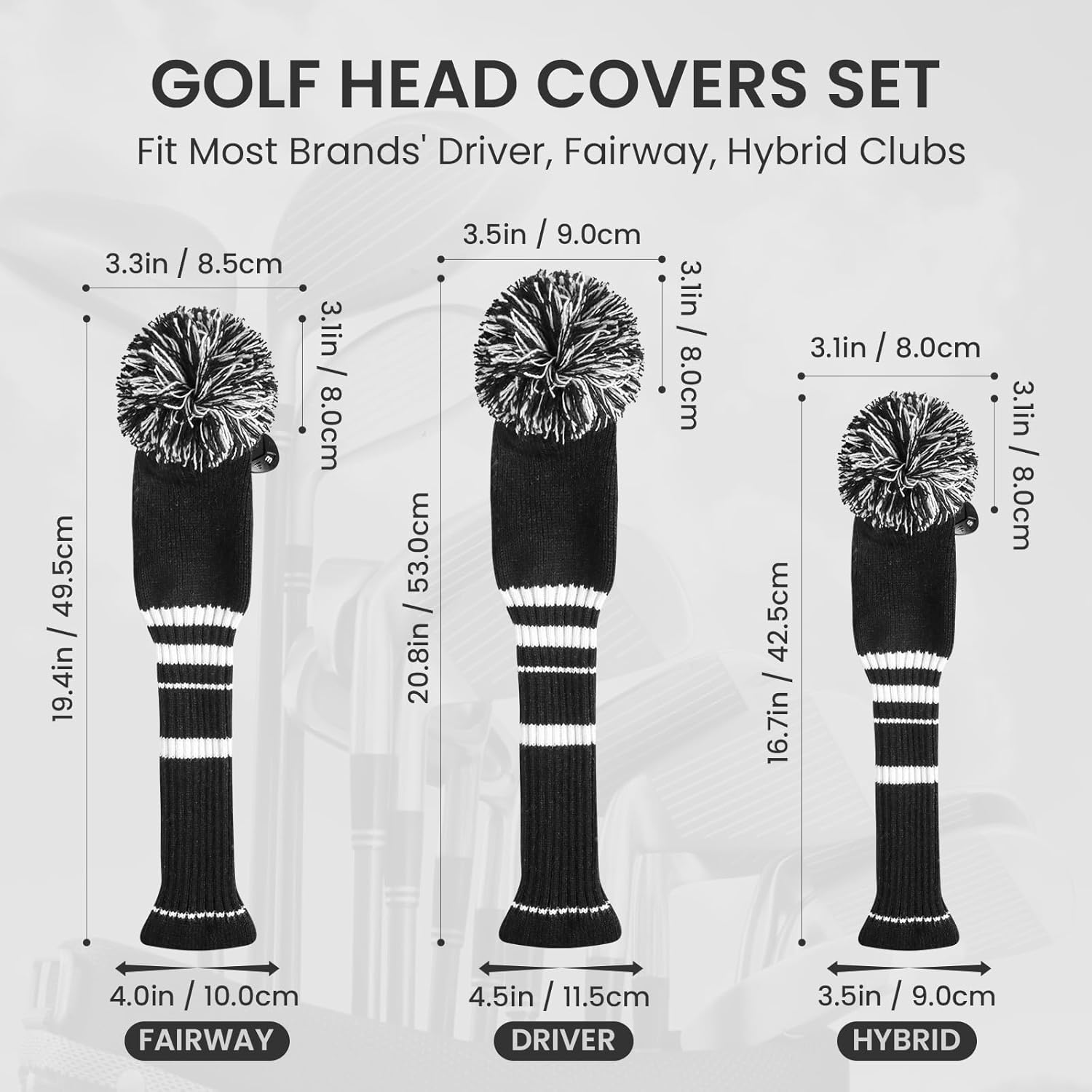 Golf Club Head Covers Knit for Woods Driver Fairway Hybrid Headcovers Knitted Pom Pom Stripes Pattern for Main 3 Wood Clubs