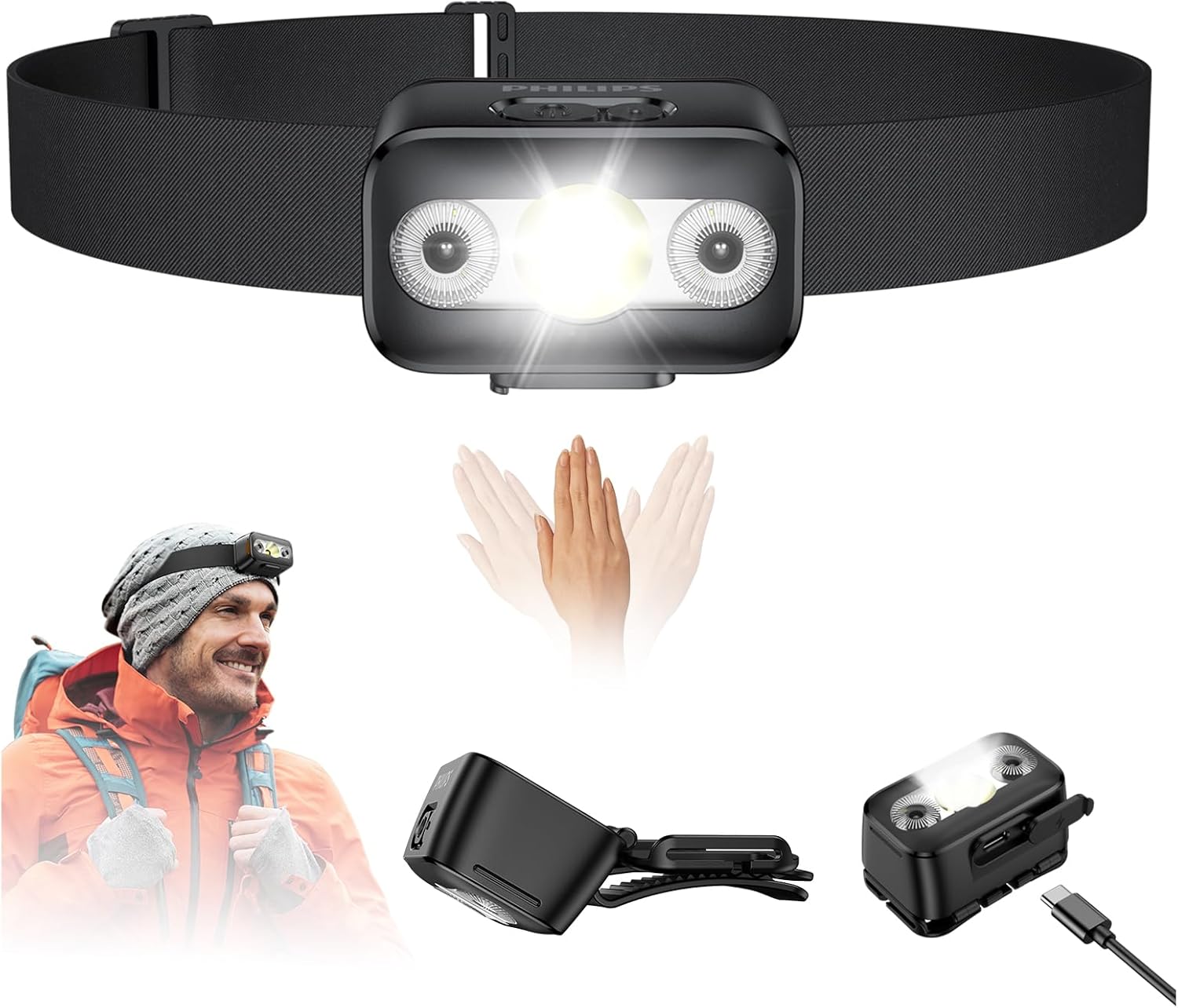 PHILIPS SFL3153 Rechargeable Headlamp with headband and hat clip