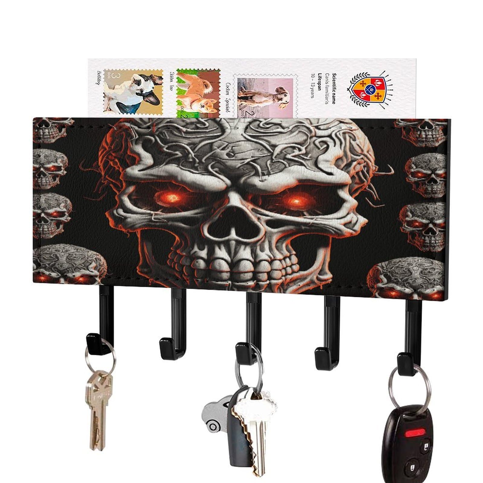 FekiLoot Evil Skull Key Holder for Wall Decorative Mail Organizer with 5 Key Hook Self Adhesive Key Rack with Tray Coat Rack Wall Mount Key Hanger Decor for Entryway Door
