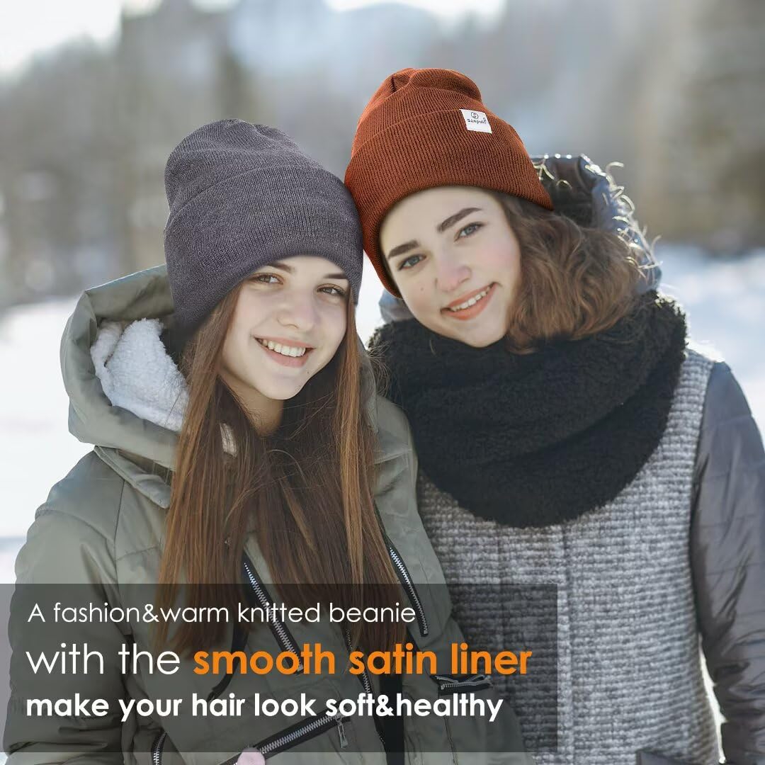 Paquete de 3 Gorros de Invierno con Forro de satén para Mujeres y Hombres, Gorro de Punto Suave y cálido con puños, Negro+Gris Claro+Beige, Talla única