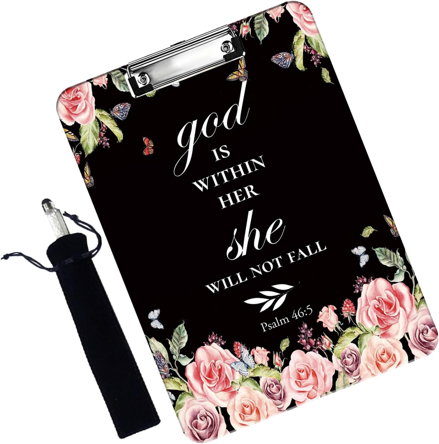Plastic Clipboard and Pen Bag Combination, A4 Letter Size, Suitable for Offices and Home Decoration, Cute Custom Floral Quote Bible Verse Psalm 46-5