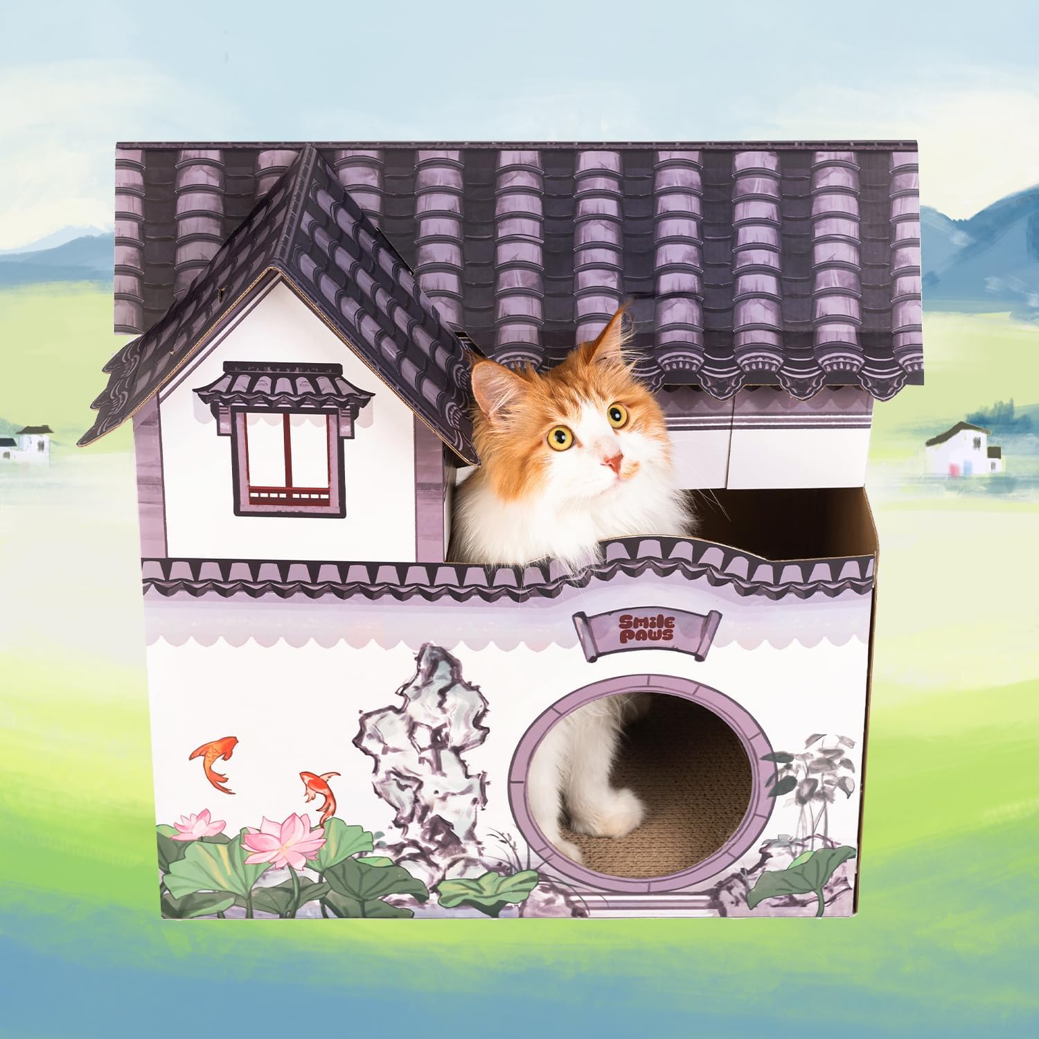 SMILE PAWS Cat Beds for Indoor Cats, Cardboard House with Scratchers, Tea House, Large Sturdy Cat Furniture Condo Cave Tent, Easy to Assemble Pet Toys Accessories Stuffs, Bunny Small Animals