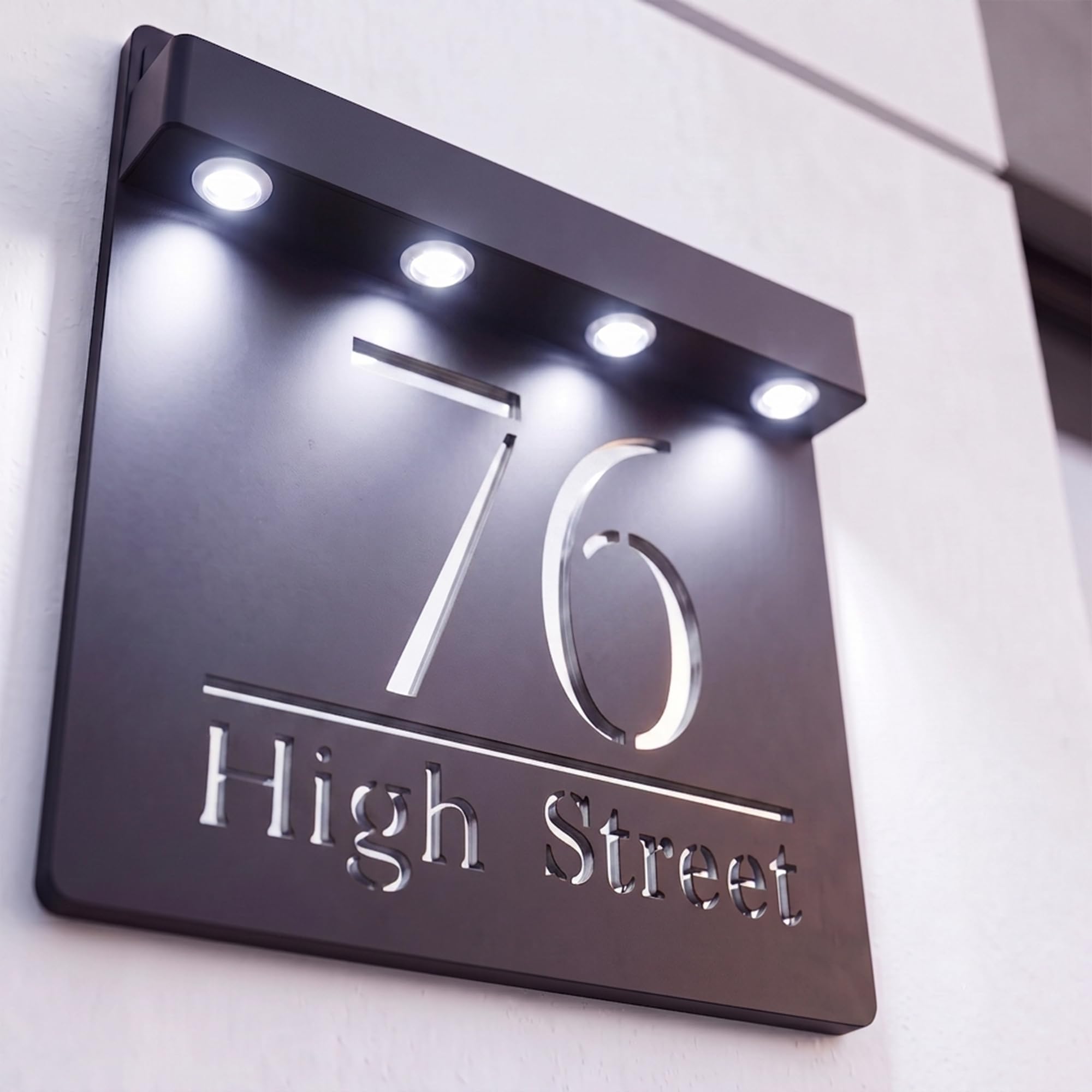 Housics Personalised House Sign Black & Silver Solar LED Illuminated Plaque