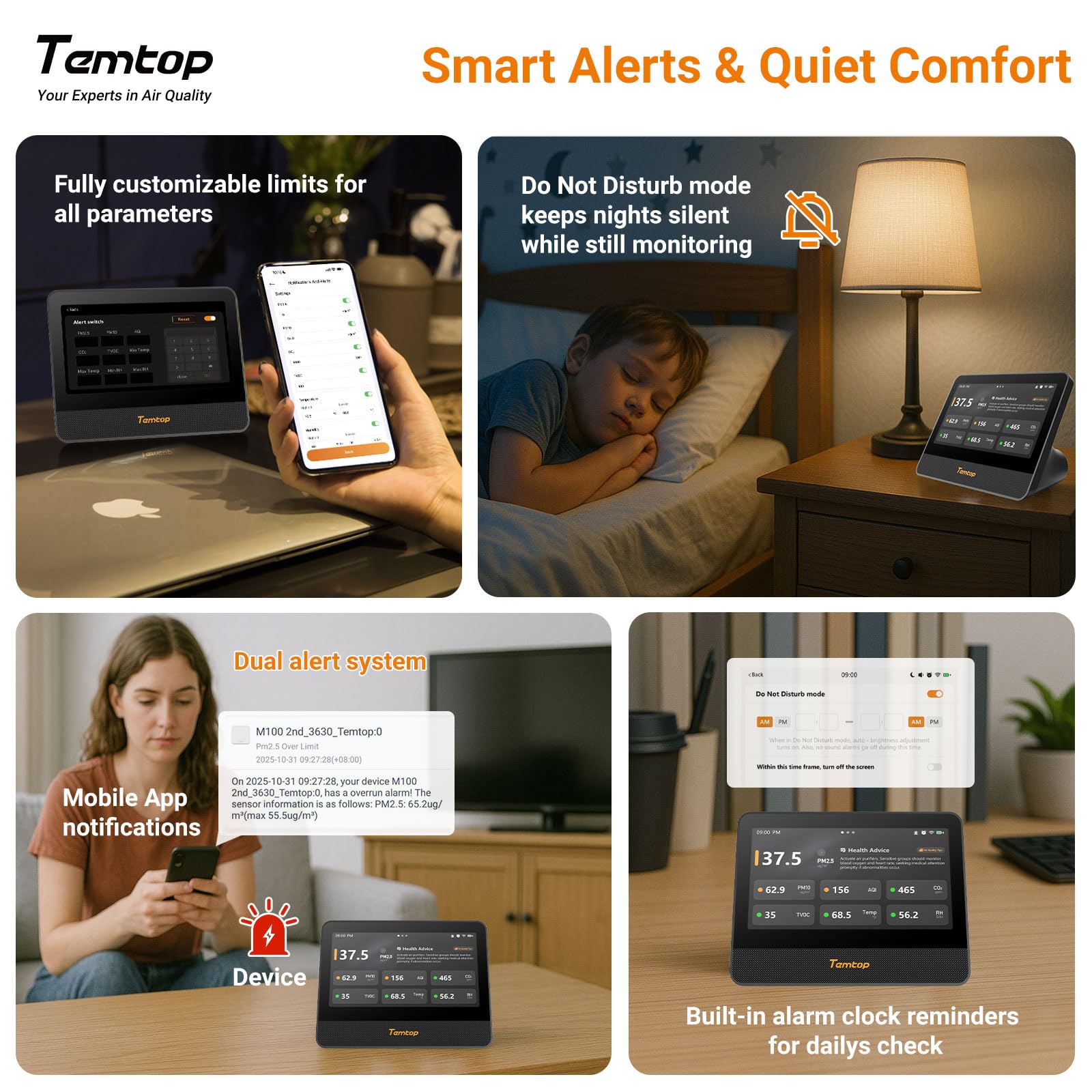 Temtop Monitor de Calidad del Aire WiFi, Pantalla Táctil de 7 Pulgadas, Detector de CO₂ y Probador de PM2.5/PM10/TVOC/Temperatura/Humedad para Interiores M100 2nd