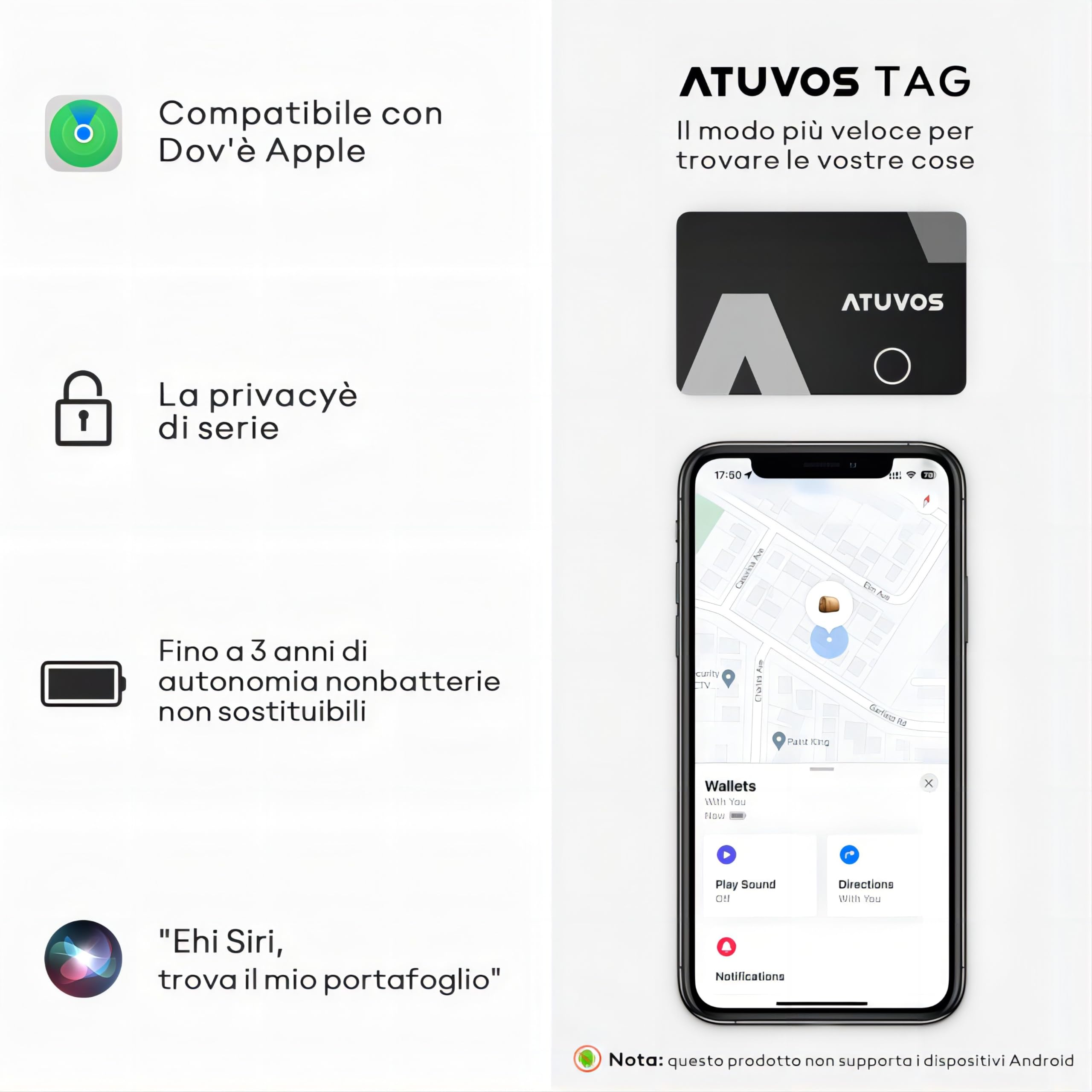 ATUVOS Air Tag Card Wallet Tracker Thin 1.6mm, Smart Tag compatibile con Apple Dov'è (solo iOS, Android non supportato), Bluetooth Localizzatore per Valigie, Portafoglio, Borse, Bagagli, 1 Pezzo Nero