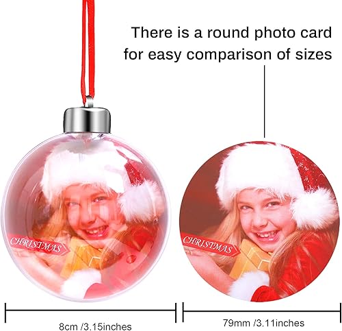 Miniatura 2 de Aneco 10 adornos acrílicos transparentes para fotos, bola de Navidad de 3.150 in, adornos colgantes con tapa plateada y cordón rojo para exhibición
