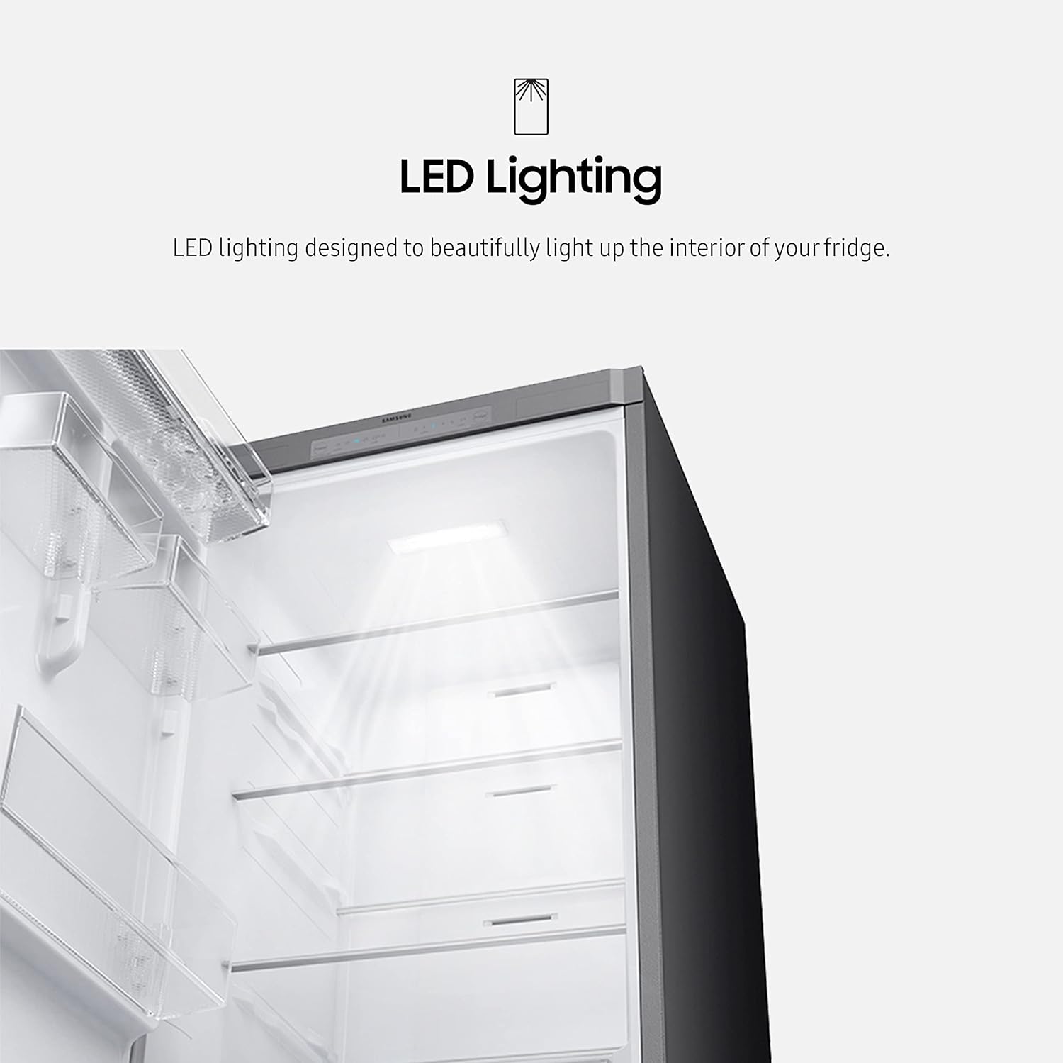 عن قرب view of the refrigerator interior with bright LED lighting.