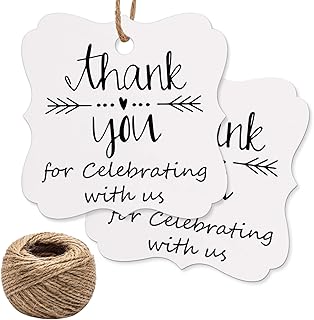 Thank You Tags, Thank You for Celebrating with Us Tags, 100Pcs White Thank You Tags for Wedding Birthday Baby Shower Party Favors, Paper Gift Tags with 100 Feet Jute String