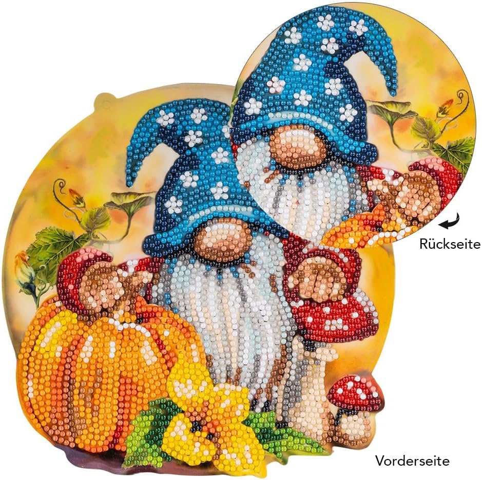 Ideen mit Herz Diamond Painting Window Decoration | Double-Sided Print | Approx. 20 cm Diameter | Includes Diamond Painting Stones for Front and Back (Gnome with Pumpkin)