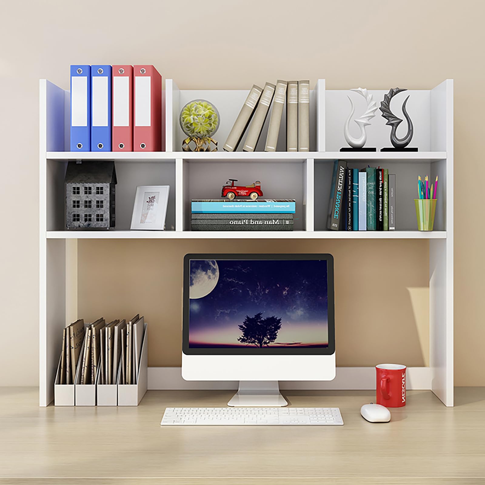 MESCXTY Wooden Desktop Bookshelf, Countertop Hutch Comupter Desk Organizer with Shelves, Freestanding Bookcase for Home Office Dorm Room(31.5'', White)