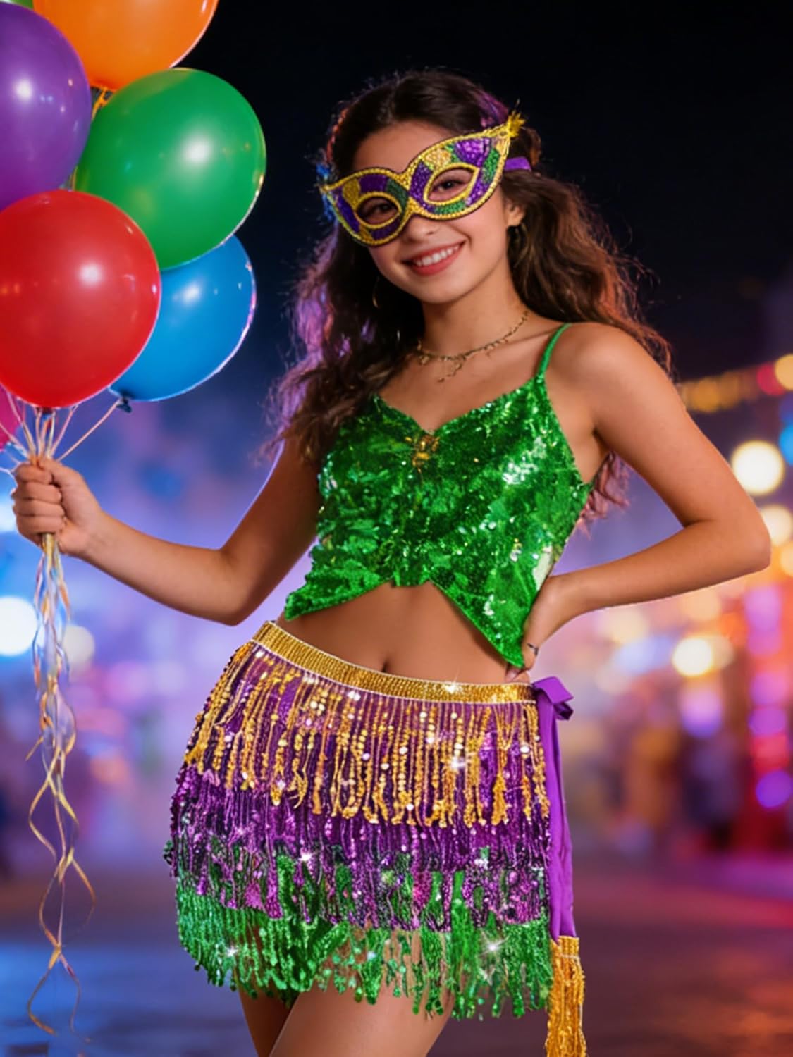 Mardi Gras Fringe Skirt, Mardi Gras Sequin Skirt Outfit for Women Sparkly Costume Set Belly Dance Hip Scarf Skirt for Girls Parade Party Supplies Multi - Image 3