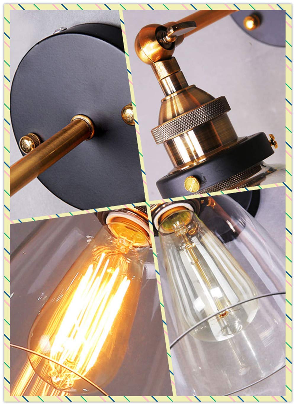 Industrial Vintage Glass Wall Light Lamp Sconce Lighting Adjustable Metal Retro For Loft Coffee Bar Living Room Dining