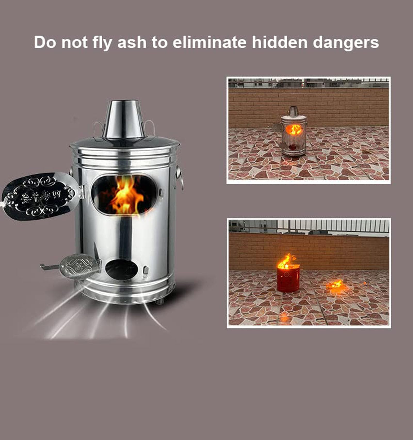 Bidone inceneritore da giardino in acciaio inox con gancio per fuoco e supporto per bruciare foglie di immondizia, cortile e rifiuti di carta (dimensioni: 44 x 66 cm)