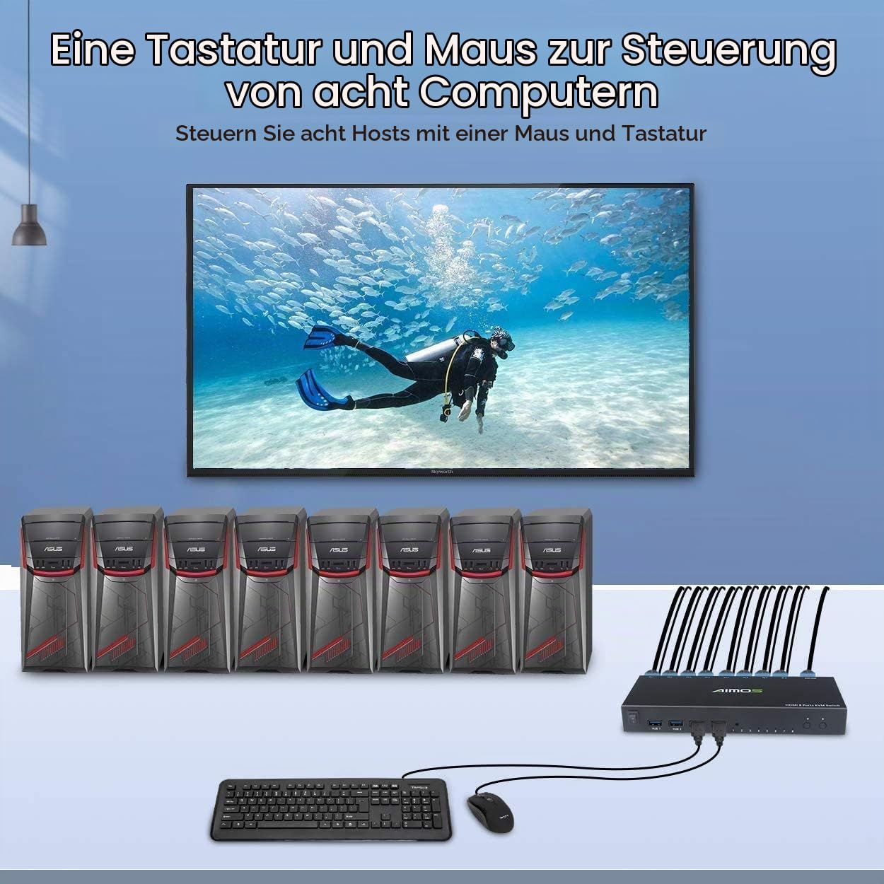 AIMOS HDMI KVM Switch, 8 In 1 Out Umschalter Aktie Monitor Maus Tastatur HDMI Switcher 4K @ 30Hz für Laptop, PC, PS4, Xbox, Hotkey Nicht unterstützen, Kann mit HUB verbunden Werden