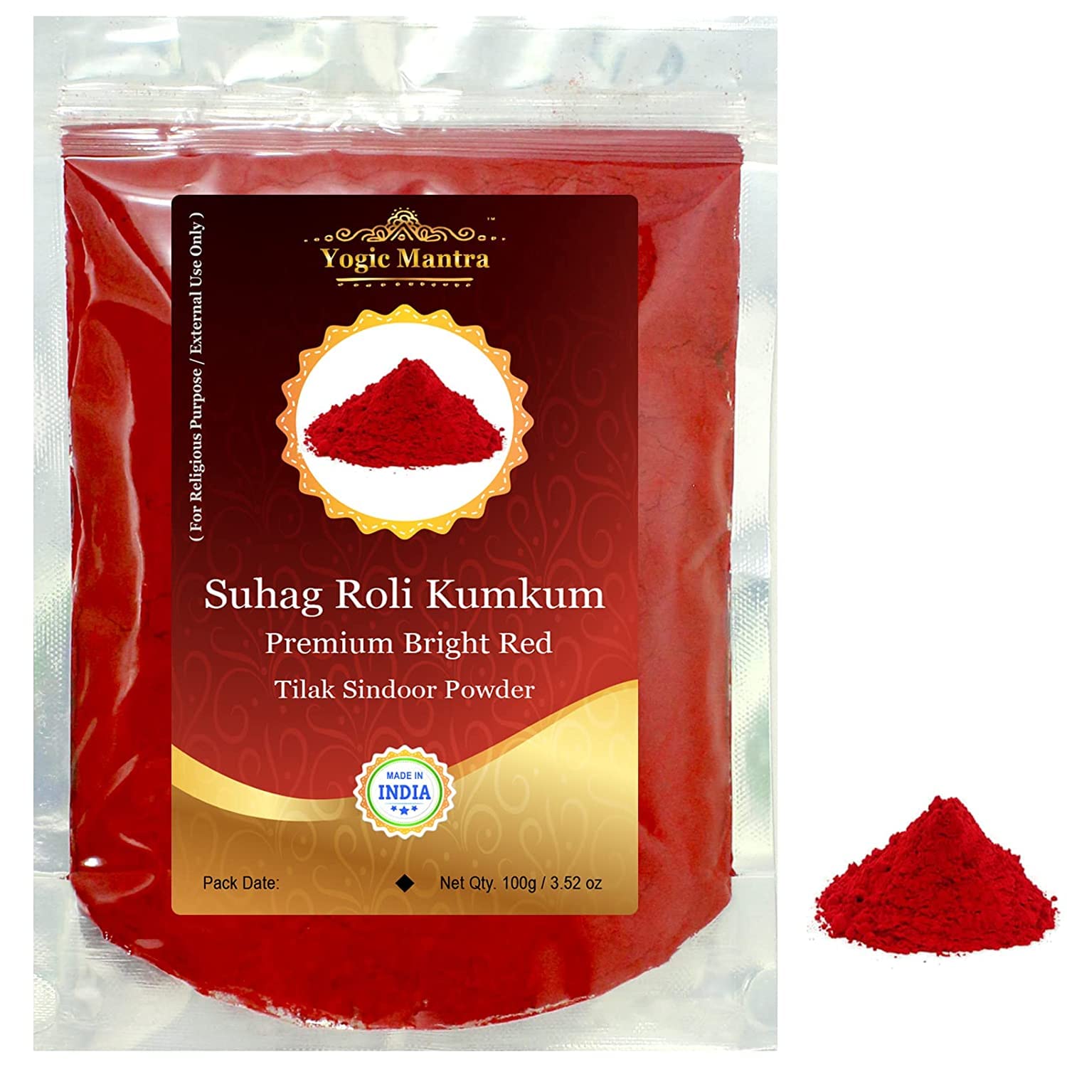 Yogic Mantra Laxmi Devi Kumkum Powder (100g Resealable Pouch) Premium Dark Maroon Color Scented Sindoor Ceremonial Mark - Hindu Pooja, Bridal Tilak, Suhag Tikka, Indian Rakhi & Puja Religious Ceremony