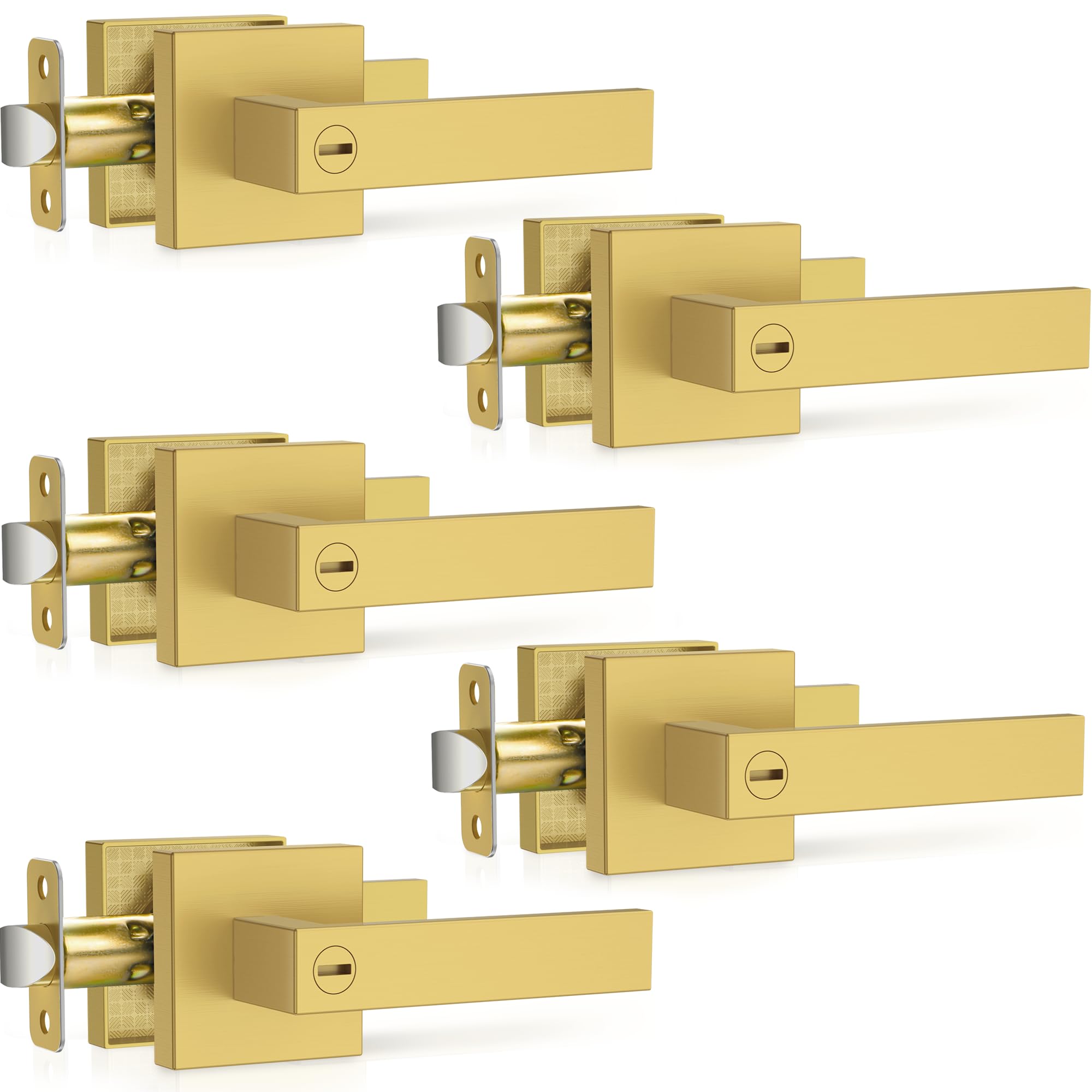 Plustool 5 Pack Brushed Gold Door Handles, Interior Door Knob Heavy Duty, Flat Square Privacy Door Locks, Keyless Door Leverset for Bedroom and Bathroom