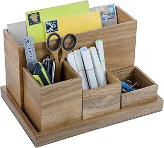 MyGift Wood Desktop Organizer, 5 Piece Premium Acacia Solid Wood Modular...