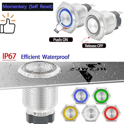 Miniatura 6 de Interruptor de botón 15Amp 34" 0.748 in momentáneo impermeable IP67 110120V ACDC 1NO SPST anillo LED luz de acero inoxidable botón de metal auto