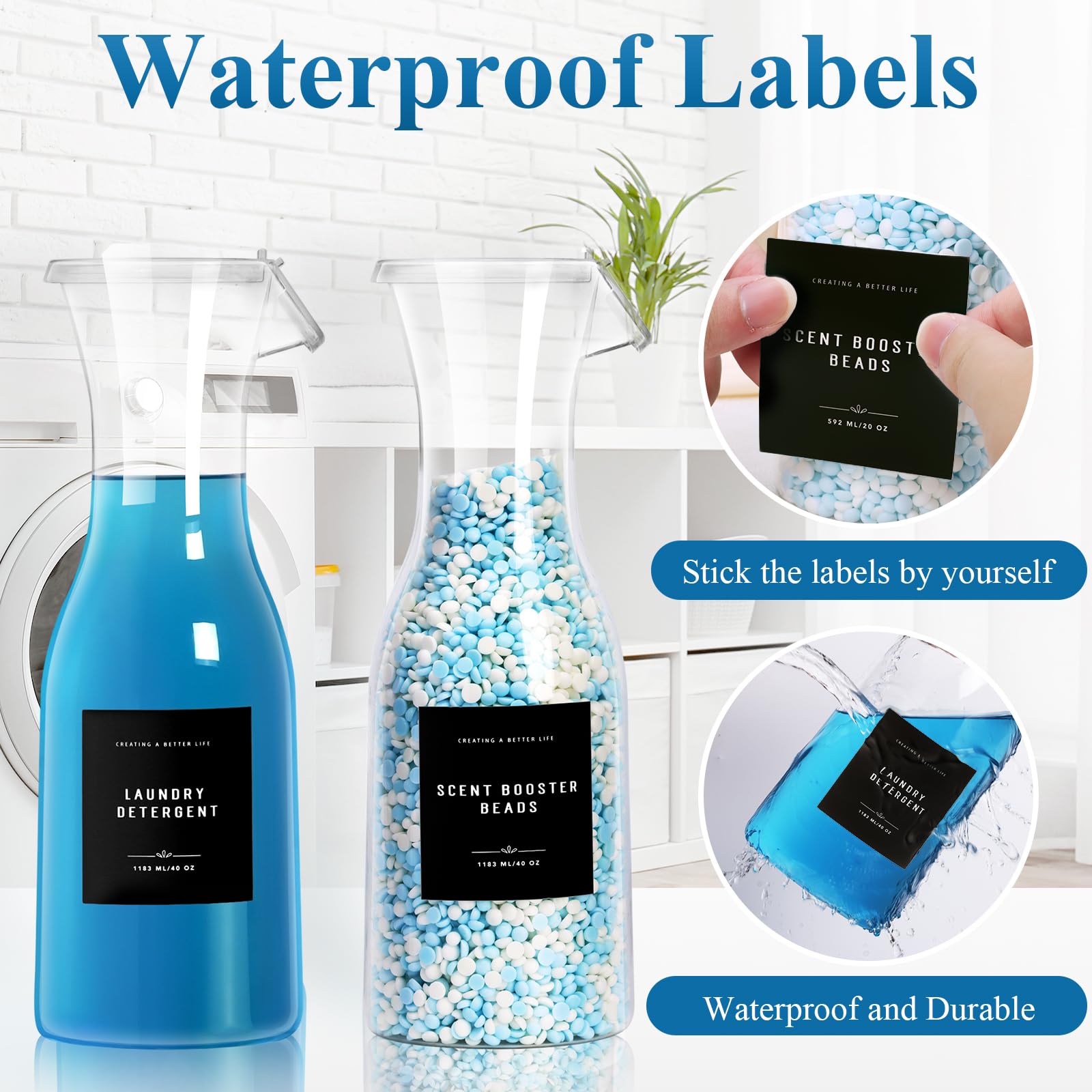 Botella dispensadora de detergente para ropa de 40 onzas con etiqueta impermeable para detergente de lavandería, jabón suavizante de tela, cuentas de refuerzo de aroma de blanqueador, botella
