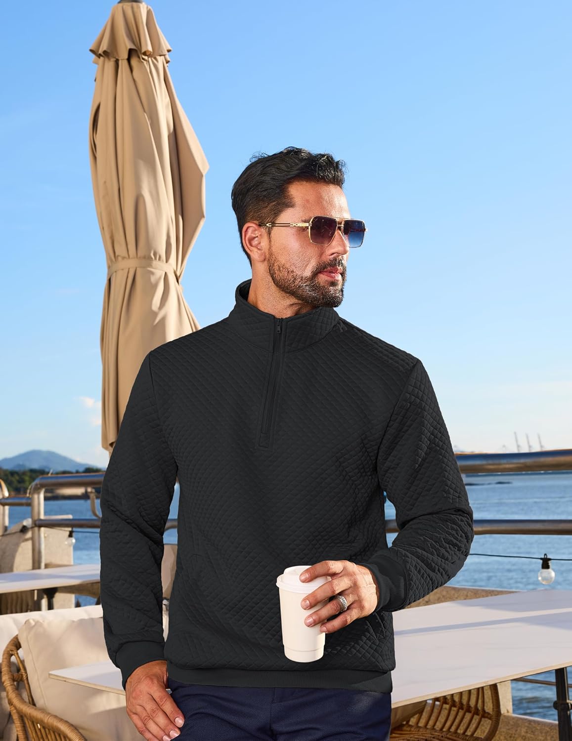 Vssjavun Mens Quarter Zip Pullover Quilted Sweatshirt Long Sleeve Casual Stand Collar Pullovers with Pockets - Image 2