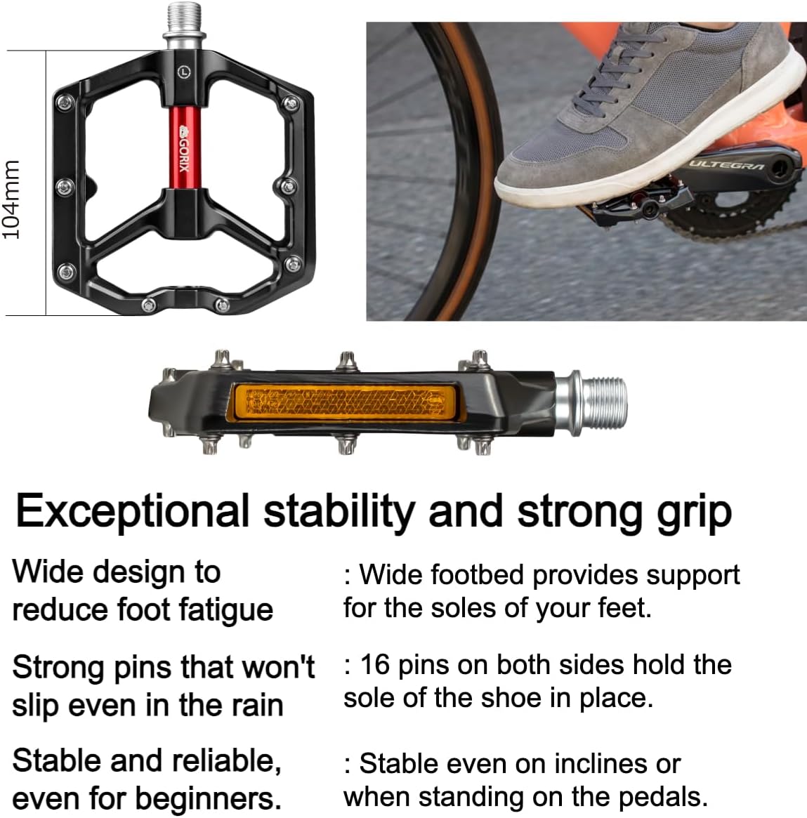 GORIX Bicycle Flat Pedals Reflector Wide Non-Slip Aluminum Sealed Bearings Red Road Mountain Bikes (GX-FYST9)