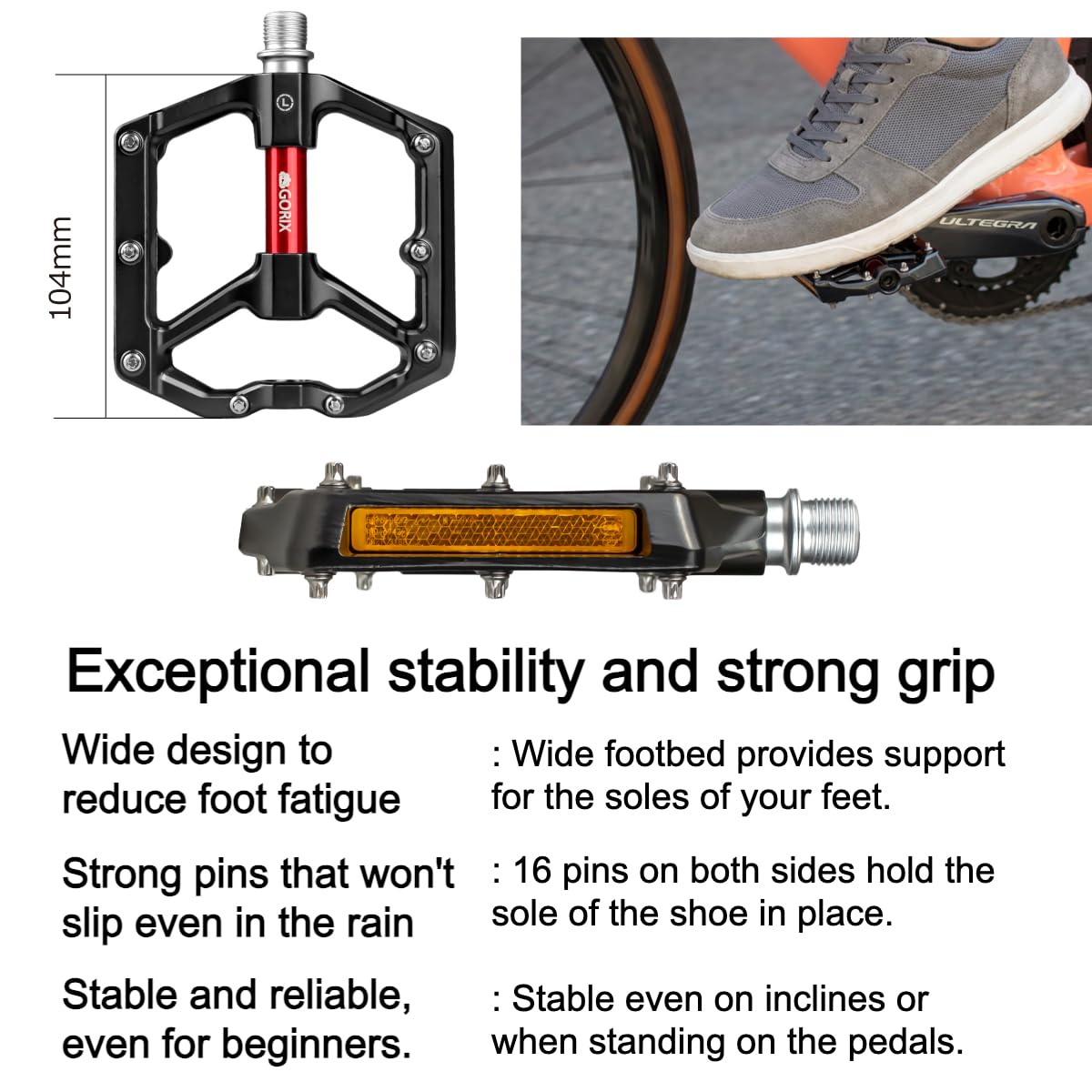 GORIX Bicycle Flachpedale mit Reflektor, breite, rutschfeste Aluminium-Kugellager, abgedichtet, für Rennräder und Mountainbikes (GX-FYST9)