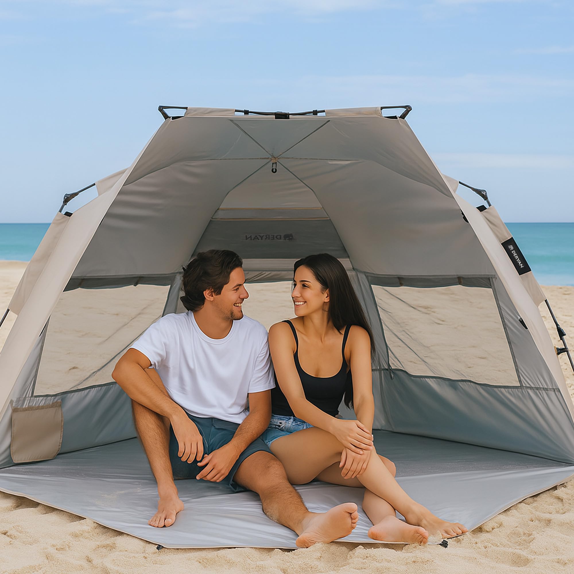 DERYAN Up-to-Go Tente de Plage Pop Up Enfants Protection UV UPF 50+ Coupe-Vent Portable Compacte Pliable 4 Personnes Argent