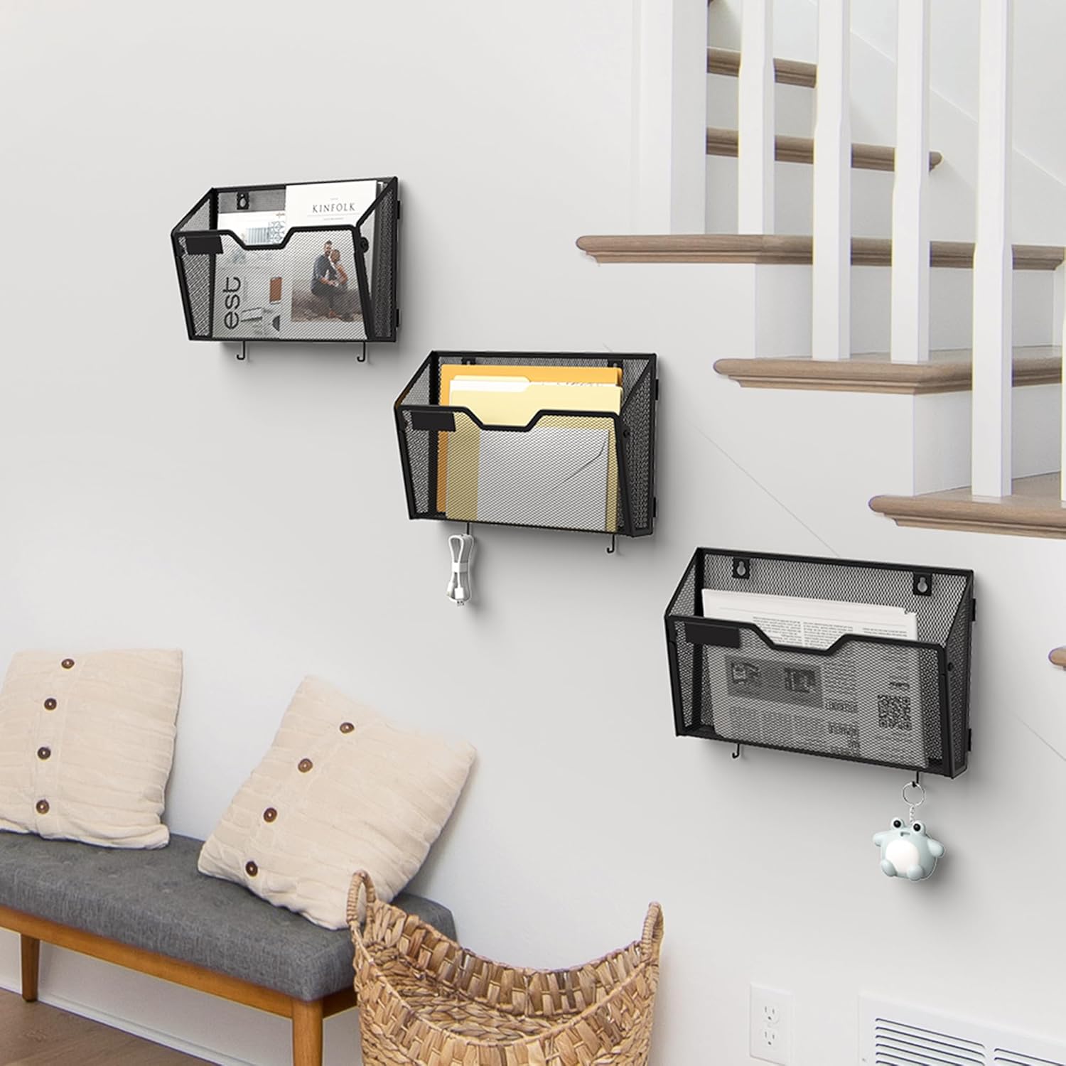 YINGHUA 6 Pack Mesh File Holders Wall Mounted - Durable Metal Hanging Organizer with Hooks - 12.6 Inch Vertical Wall Baskets for Mail Papers Office Home and School Storage - Black