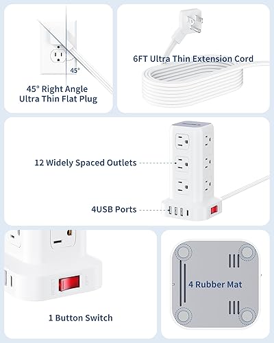 Miniatura 10 de Regleta protectora contra sobretensiones, cable de extensión de enchufe plano ultrafino de 10 pies con 12 tomas de corriente alterna, 4 USB (1 USB