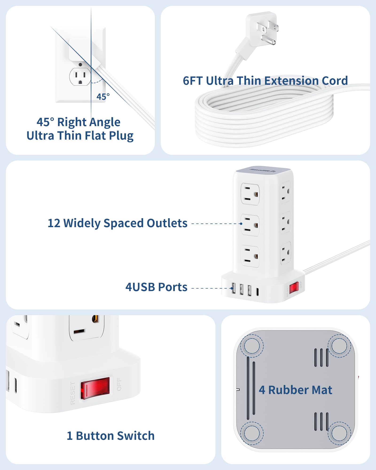SMALLRT Steckdosenleiste mit Überspannungsschutz, 2 m, 4 USB-Anschlüsse, 12 Ausgänge, mit langem USB-Kabel, Überspannungsschutz