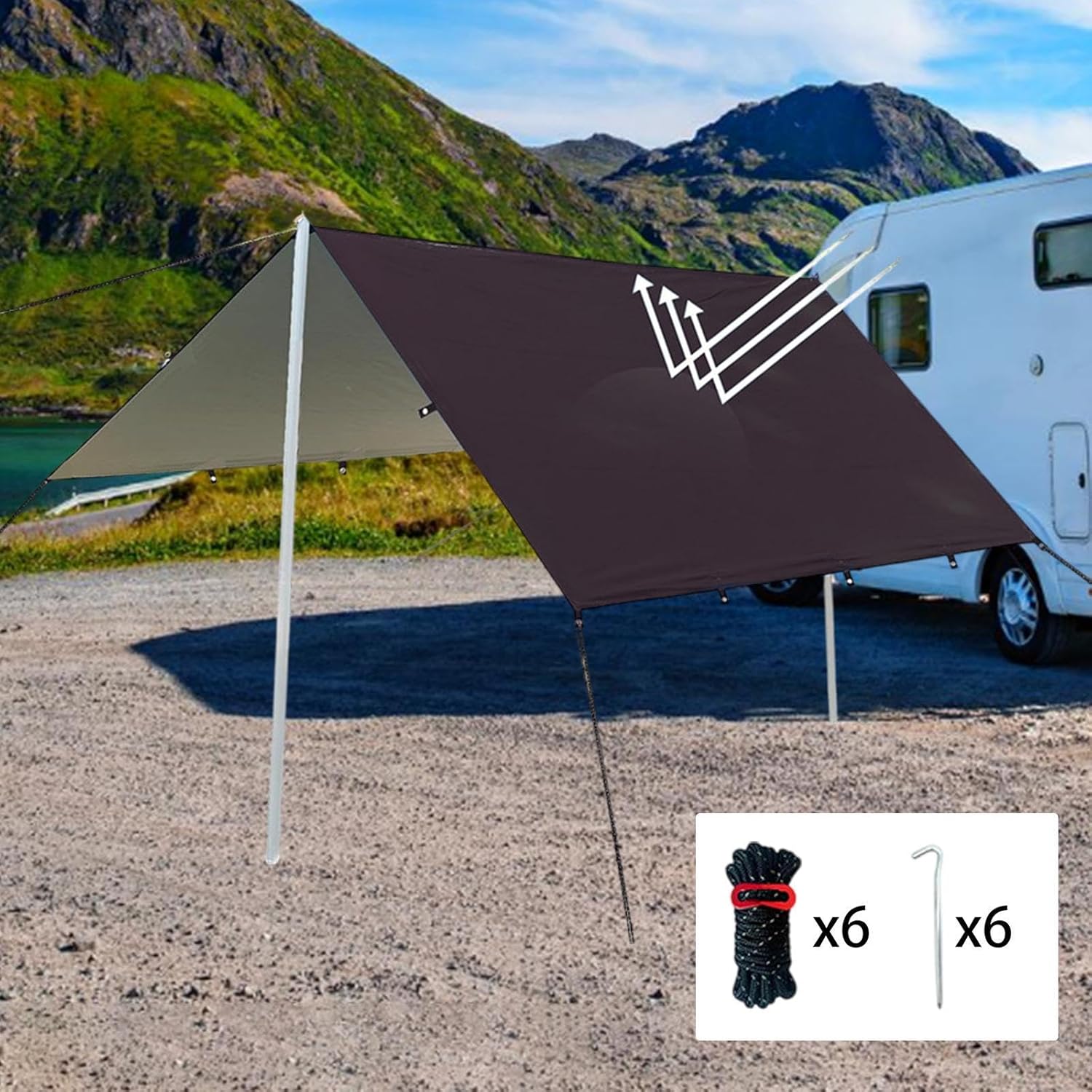 Camping Tent Tarp Sun Canopy Foldable with 6 Stakes and 6 Ropes Waterproof Versatile for Picnic Simple Assembly, Black L