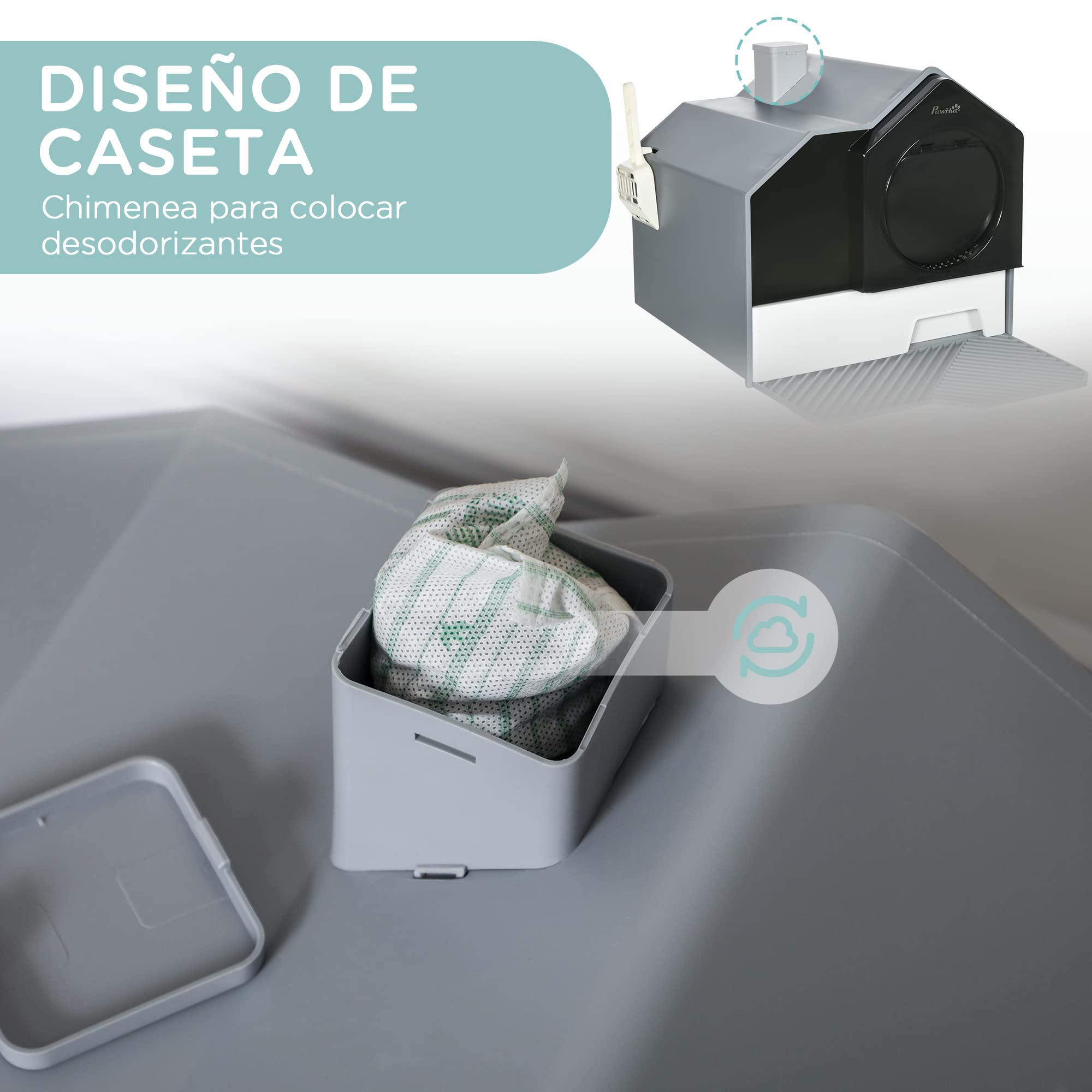 PawHut Arenero Cubierto para Gatos Bandeja Extraíble 47x45x42 cm Gris | Caja de Arena Cerrada para Gatos, Pala, Pedal Exterior, Filtro Desodorizante