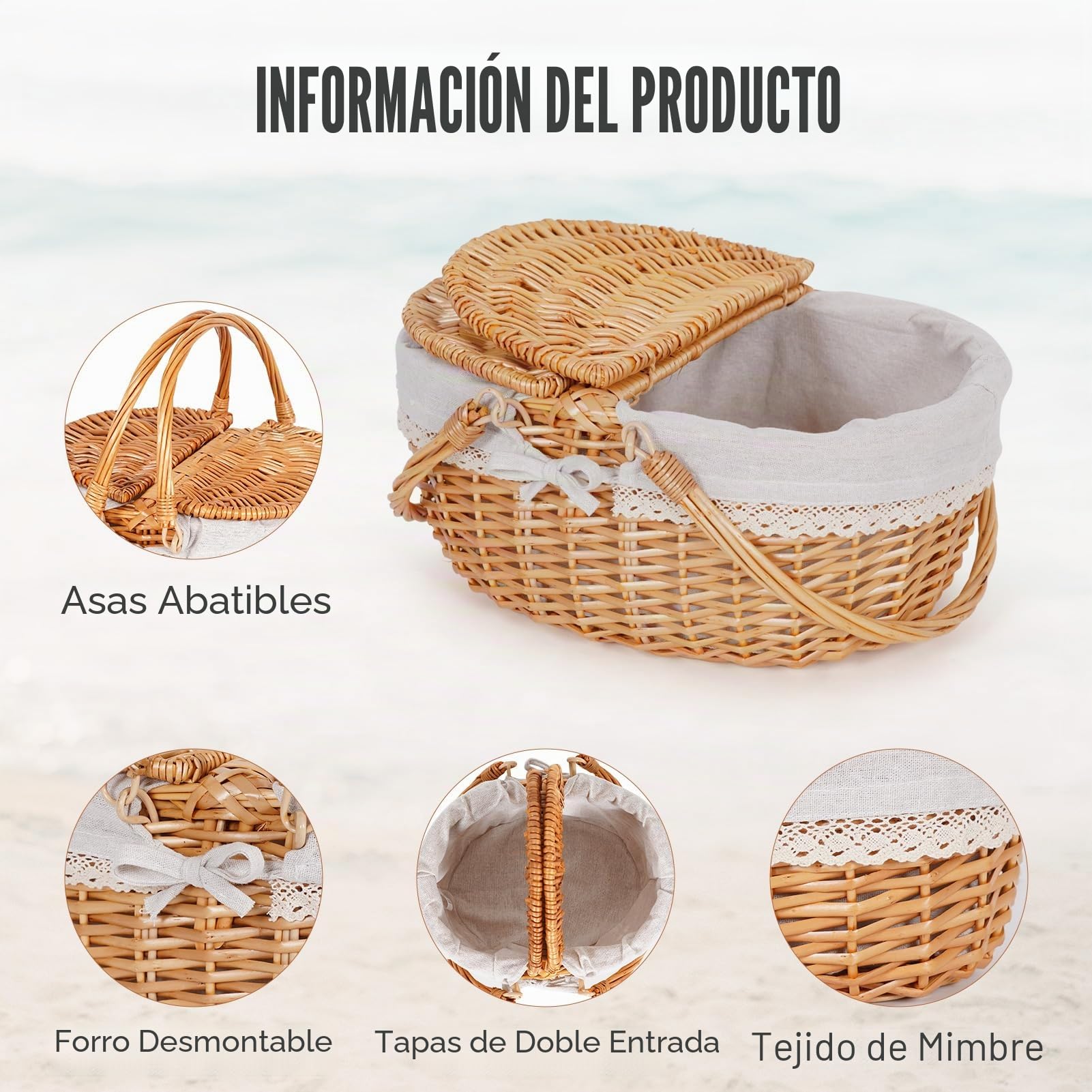 Happypicnic Cesta de picnic de mimbre con asa, cesta de picnic vacía grande de 15 pulgadas con tapa y forro extraíble, cesta vintage tejida a mano para picnics, camping, recogida de verduras, día de