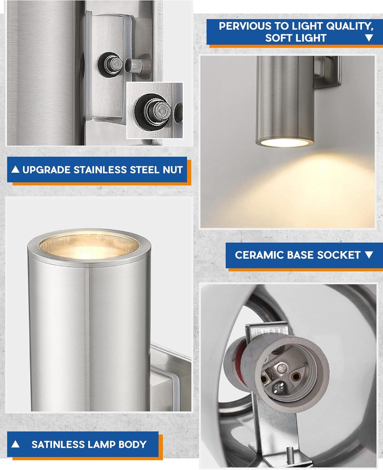 TENGXIN Dusk to Dawn Outdoor Wall Sconce,Up Down Wall Light Fixture with Stainless Steel Cylinder,Outdoor Lights for House,Brushed Nickel with Sensor