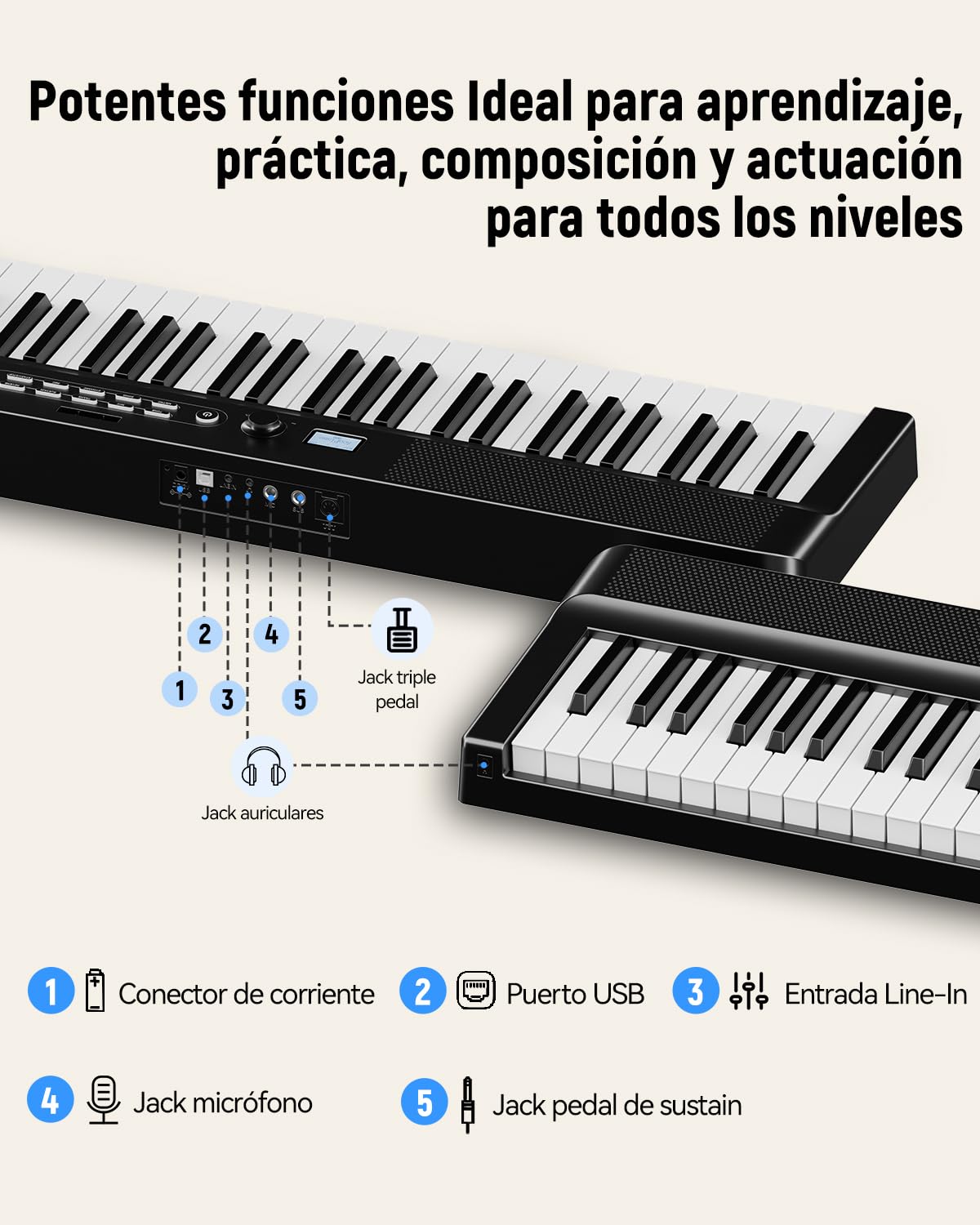 Teclado plegable de 88 teclas, Rhymo tamaño completo, portátil, semipesado, con 2 altavoces estéreo envolvente de 15 W, MIDI USB, Bluetooth, pedal de sostenimiento (Negro)